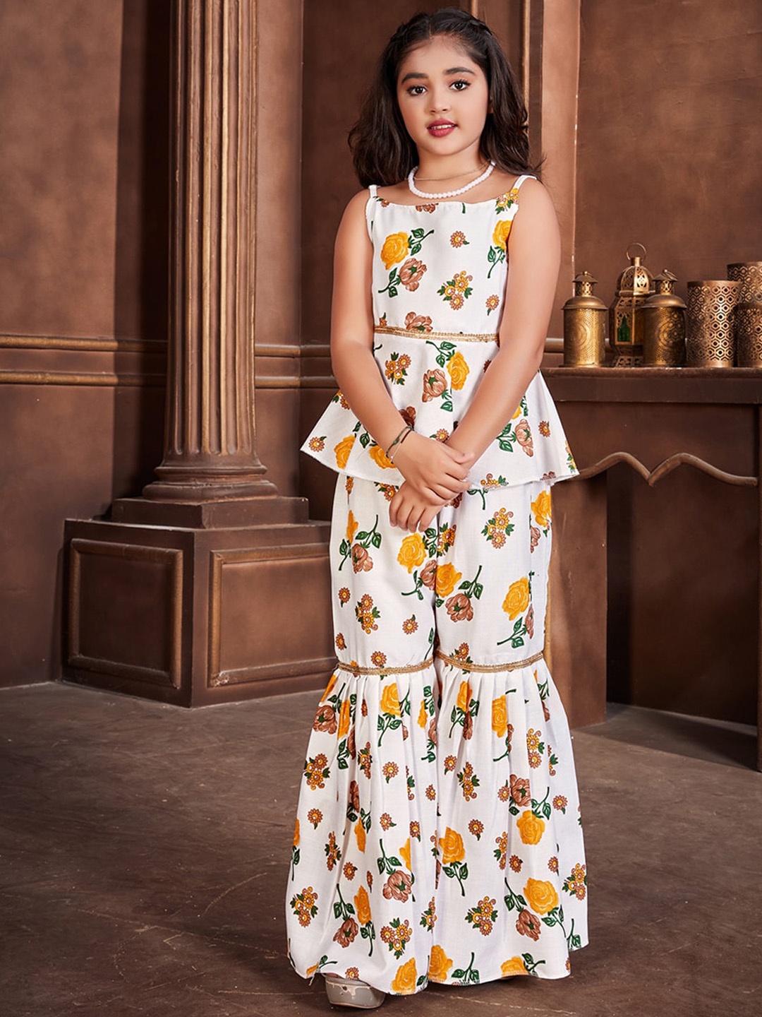 

BAPS Girls Floral Printed Pure Cotton Top & Sharara, Yellow