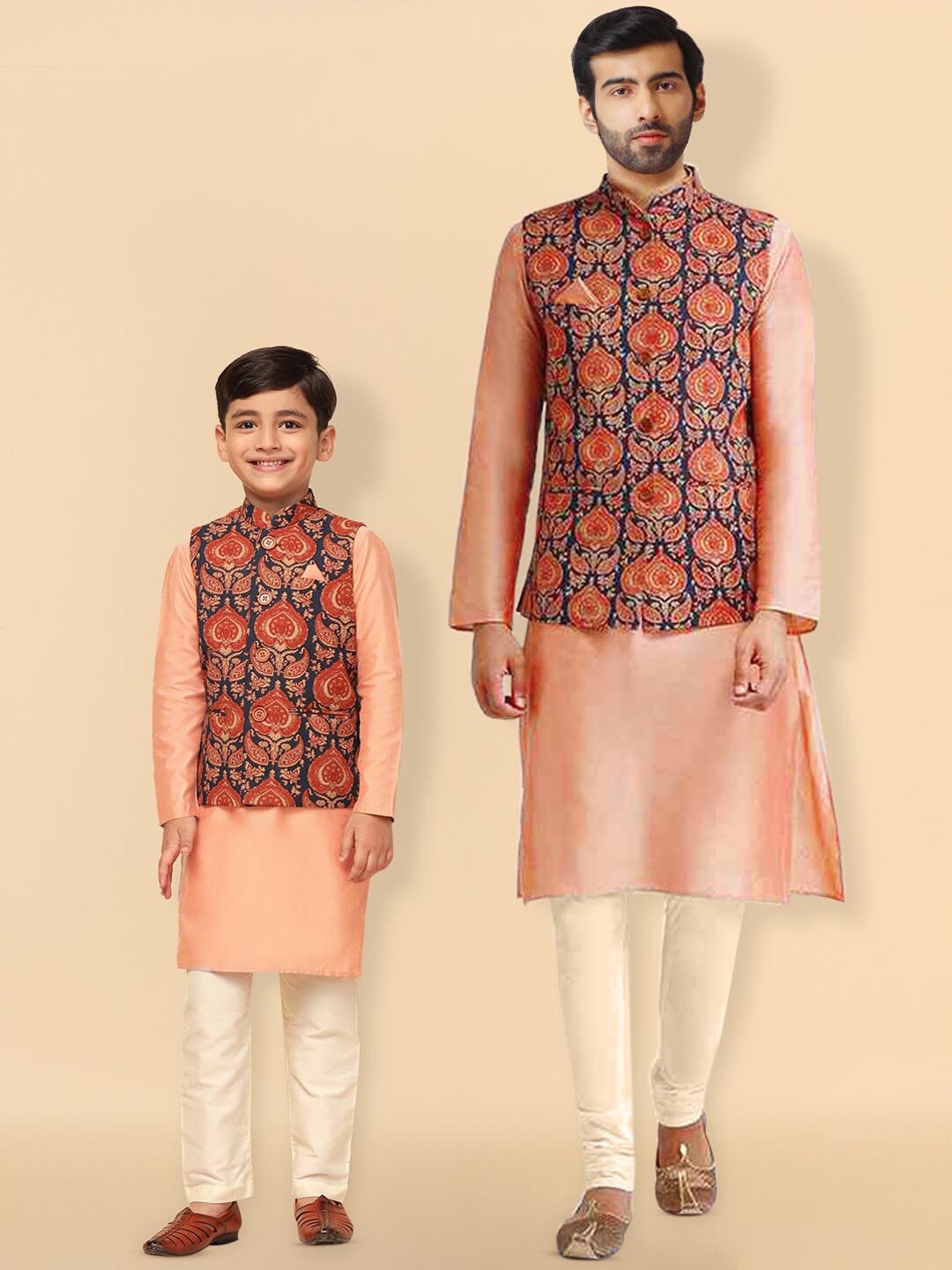 KISAH Mandarin Collar Straight Kurta & Churidar With Printed Nehru Jacket, Peach