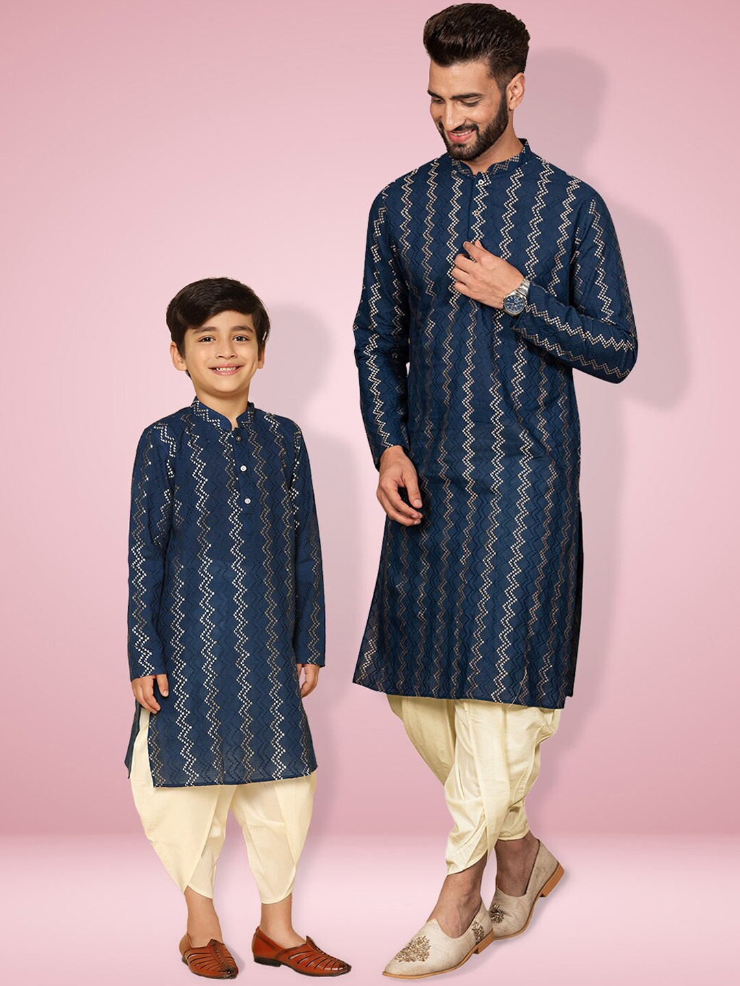 

KISAH Men Textured Regular Fit Thread Work Kurta Dhoti Set, Navy blue