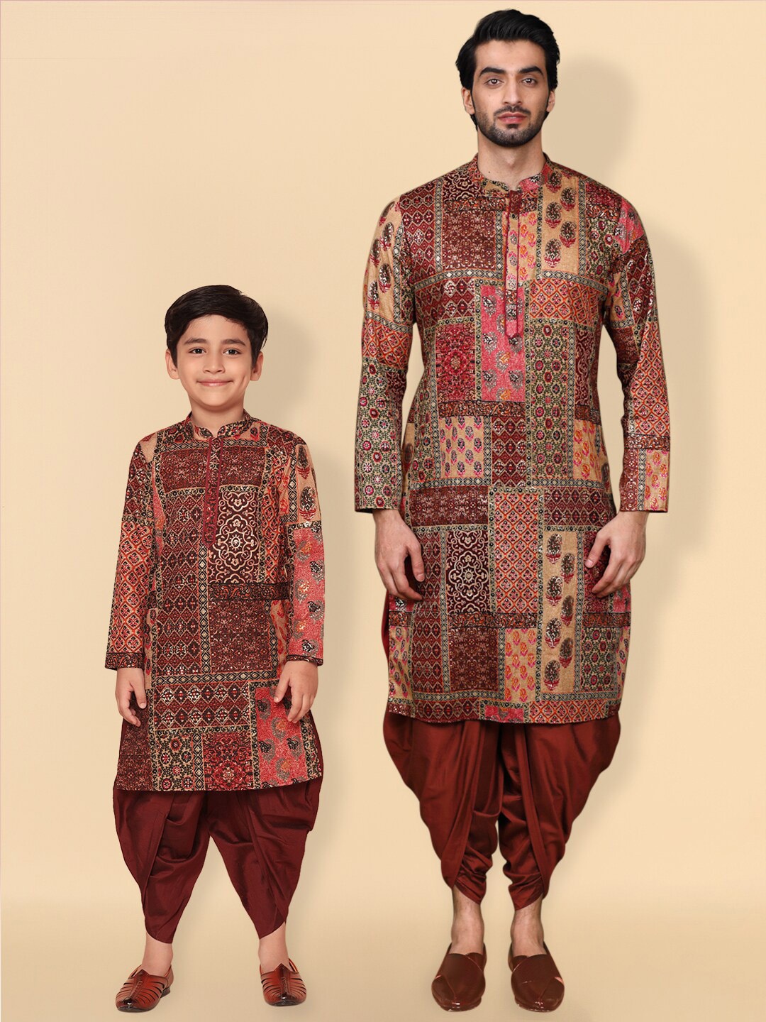 

KISAH Boys Ethnic Motifs Printed Straight Kurta With Dhoti Pants, Red