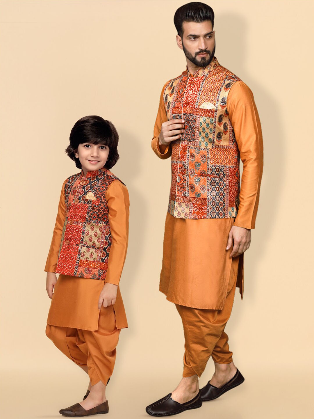 

KISAH Men Abstract Printed Regular Fit Kurta Jacket Dhoti Set, Orange