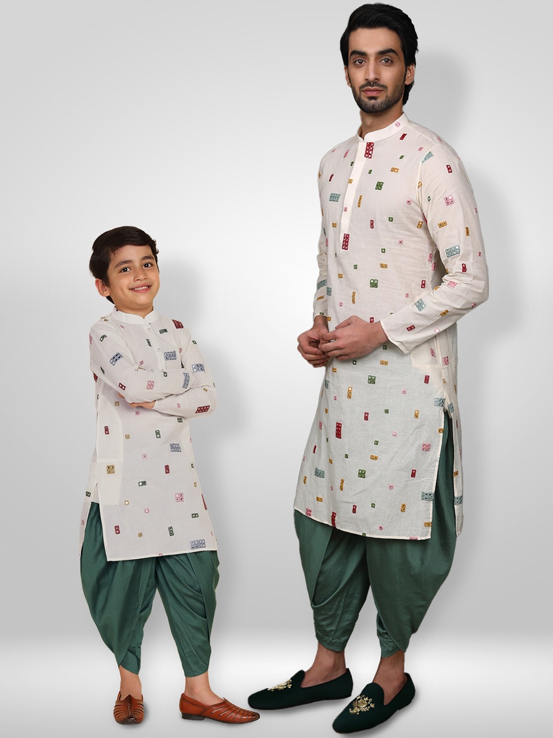 

KISAH Boys Geometric Embroidered Mirror Work Pure Cotton Kurta With Dhoti Pants, White
