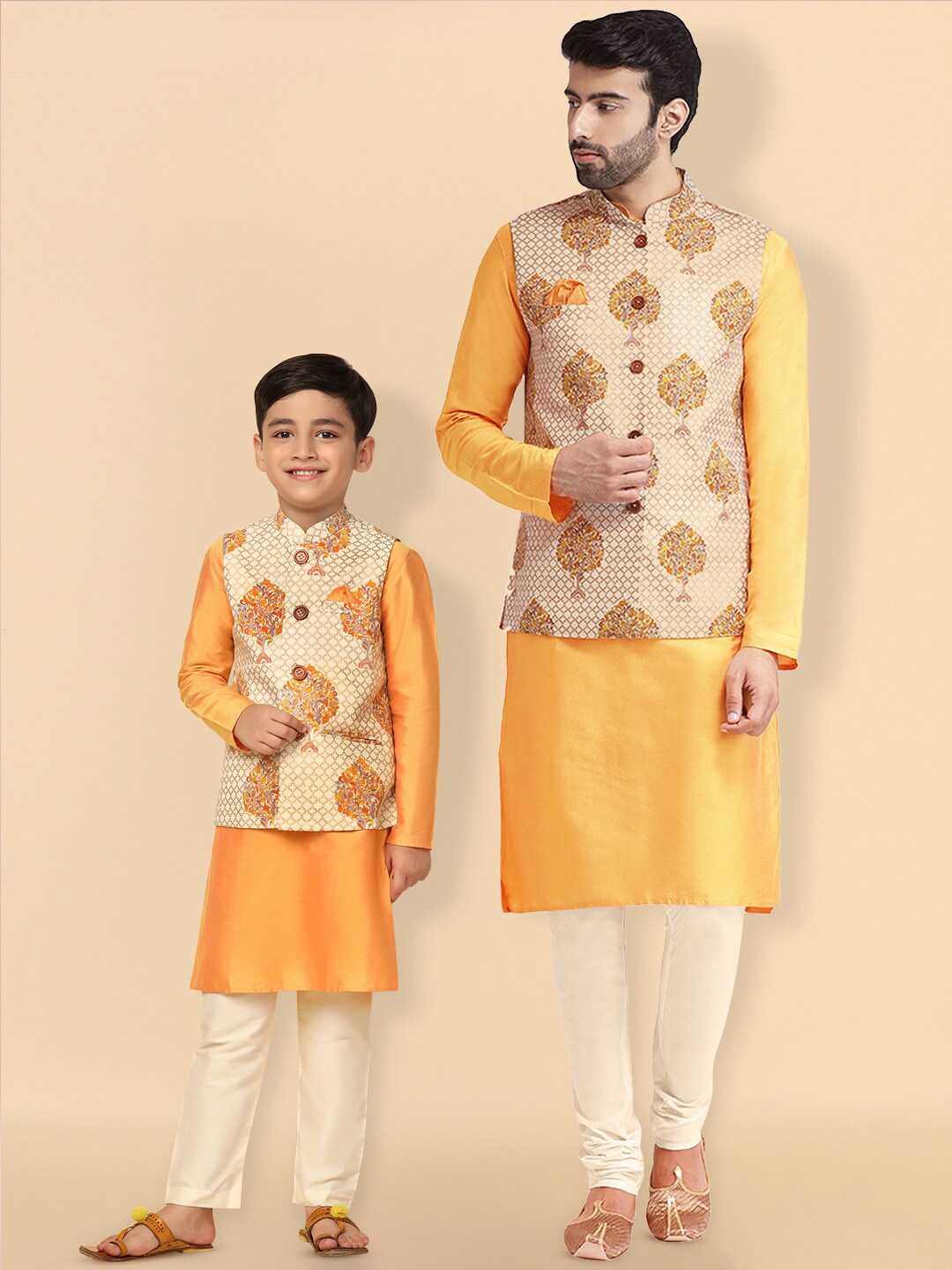 

KISAH Boys Mandarin Collar Straight Kurta With Pyjamas & Nehru jacket, Yellow