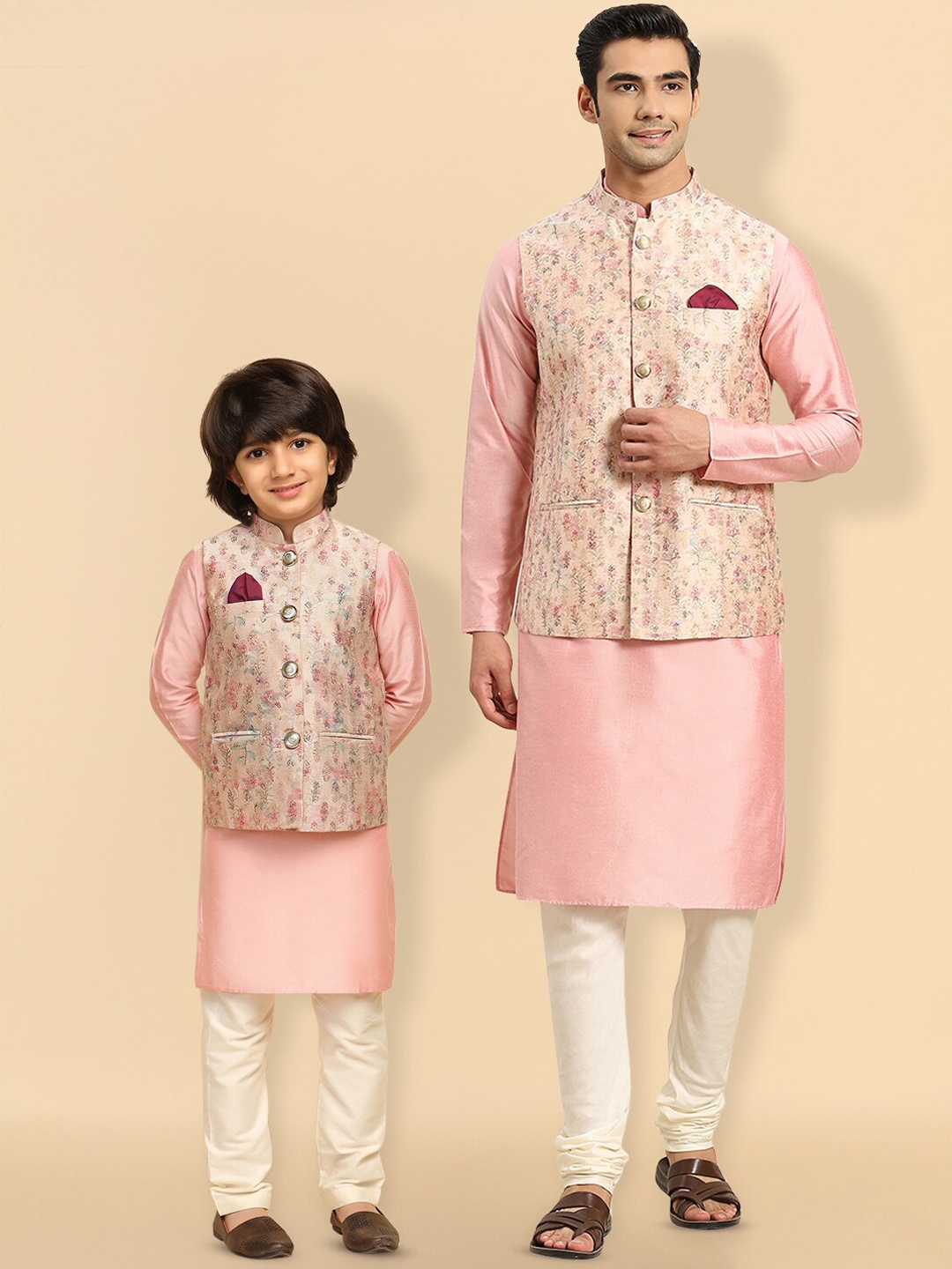 

KISAH Boys Floral Printed Regular Fit Kurta Jacket Pyjama Set, Peach