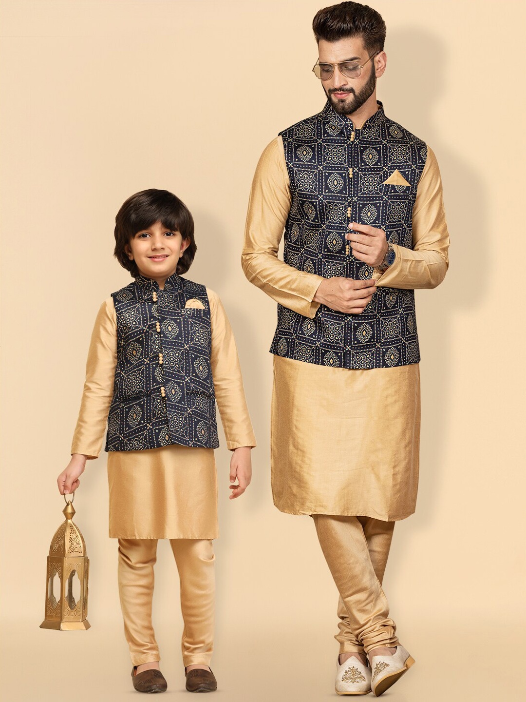 

KISAH Boys Mandarin Collar Straight Kurta With Pyjamas & Nehru jacket, Blue