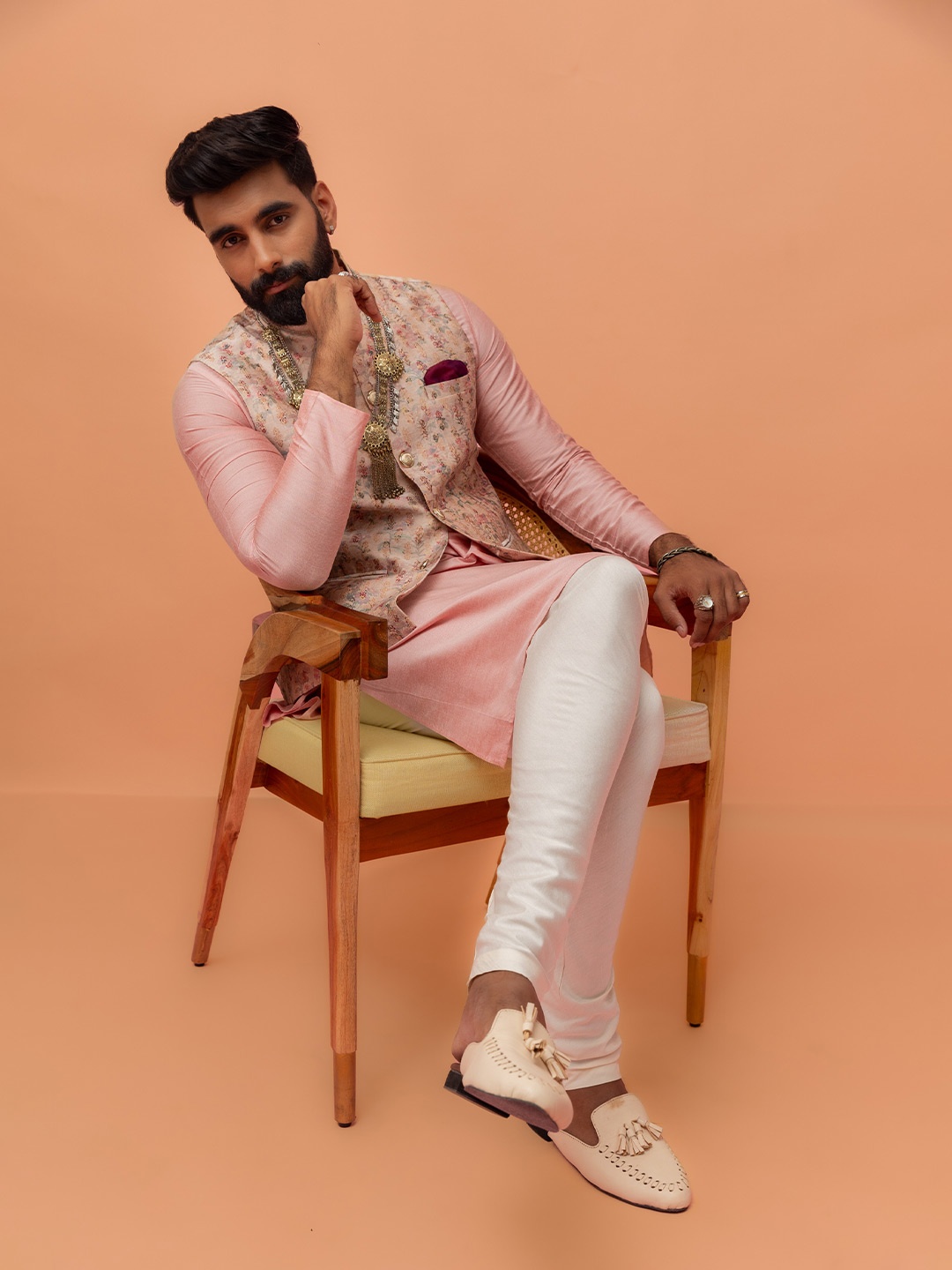 

KISAH Men Regular Fit Printed Kurta Jacket Churidar Set, Pink