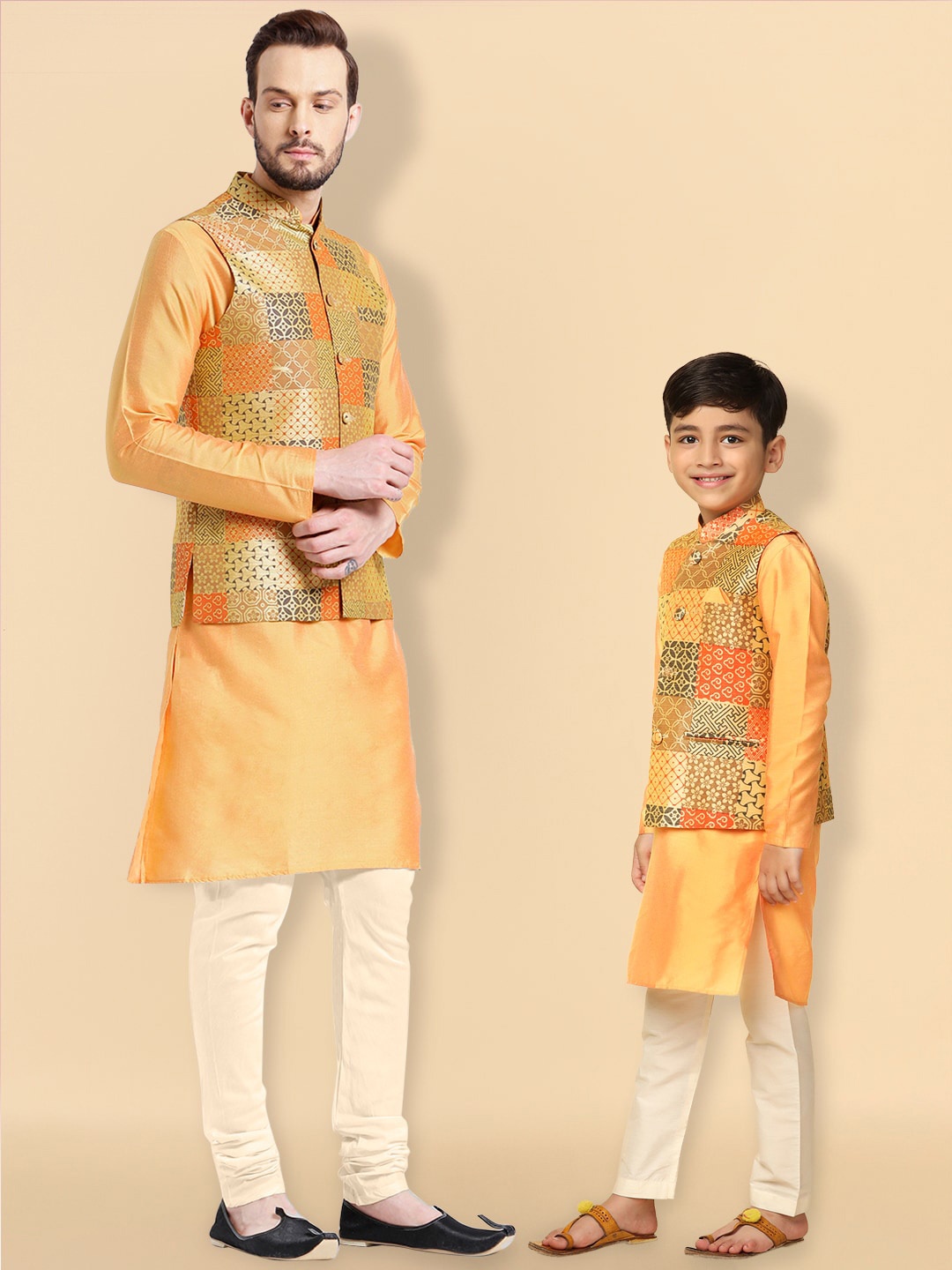 

KISAH Men Regular Fit Printed Kurta Jacket Churidar Set, Yellow
