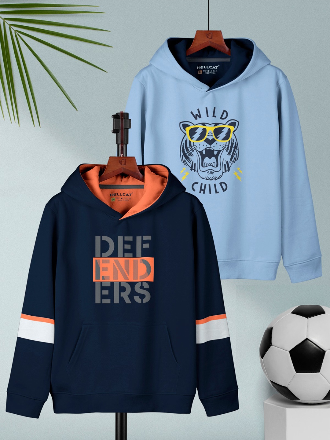 

HELLCAT Boys Pack Of 2 Typography Printed Hooded Cotton T-shirt, Navy blue
