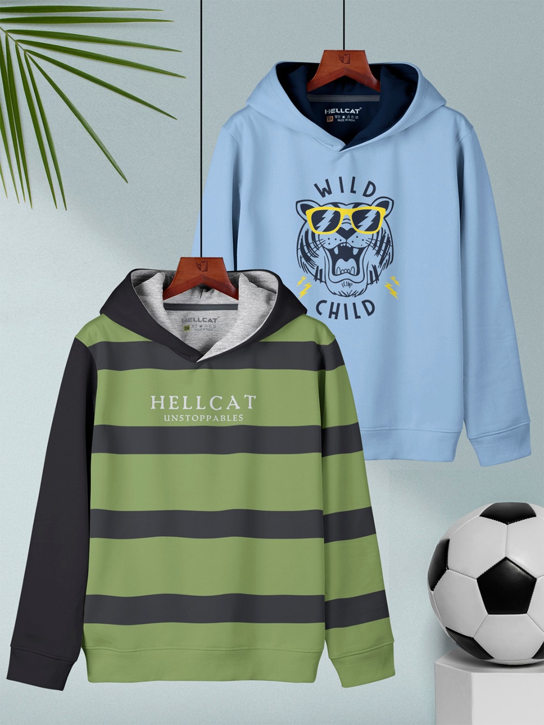 

HELLCAT Boys Pack Of 2 Printed Regular Fit Hooded Casual T-shirt, Green