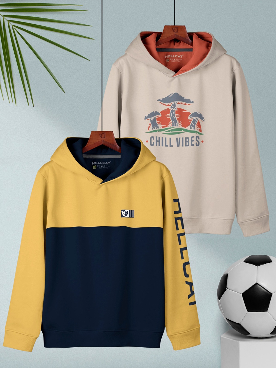 

HELLCAT Boys Pack Of 2 Colourblocked Regular Fit Hooded Casual T-shirt, Yellow