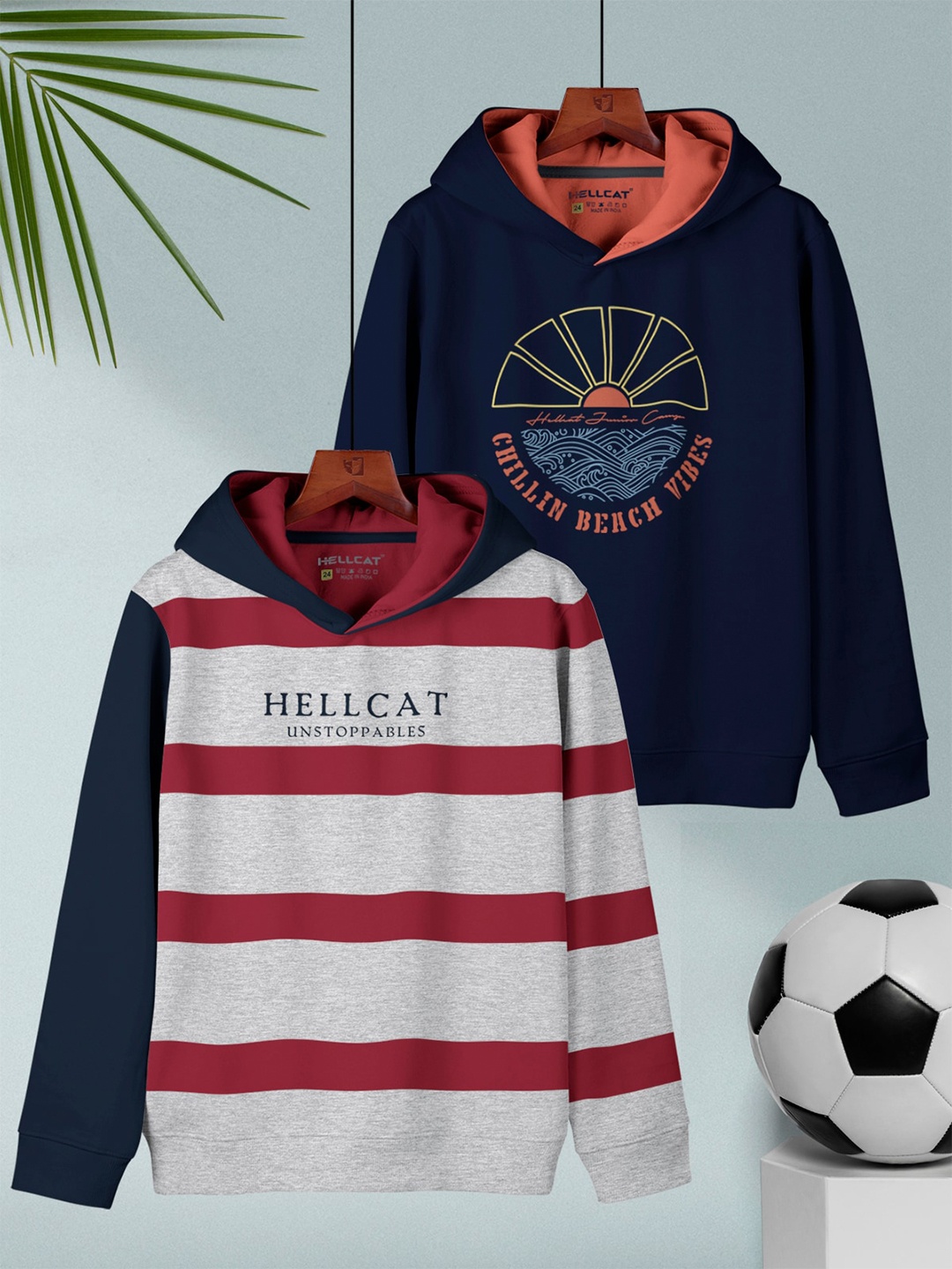 

HELLCAT Boys Pack Of 2 Striped Regular Fit Hooded Casual T-shirt, Navy blue