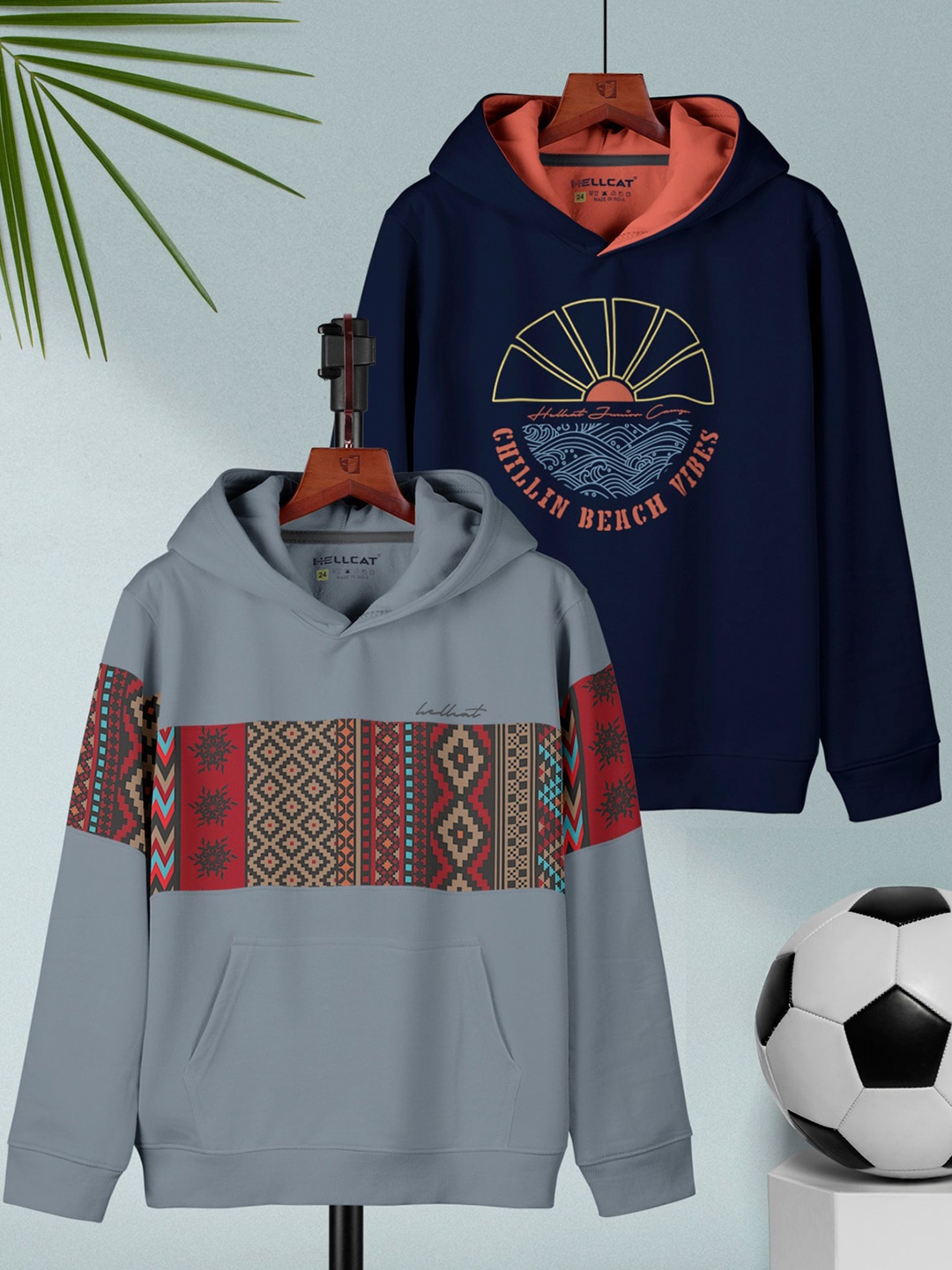 

HELLCAT Boys Pack Of 2 Tribal Printed Regular Fit Hooded Casual T-shirt, Grey