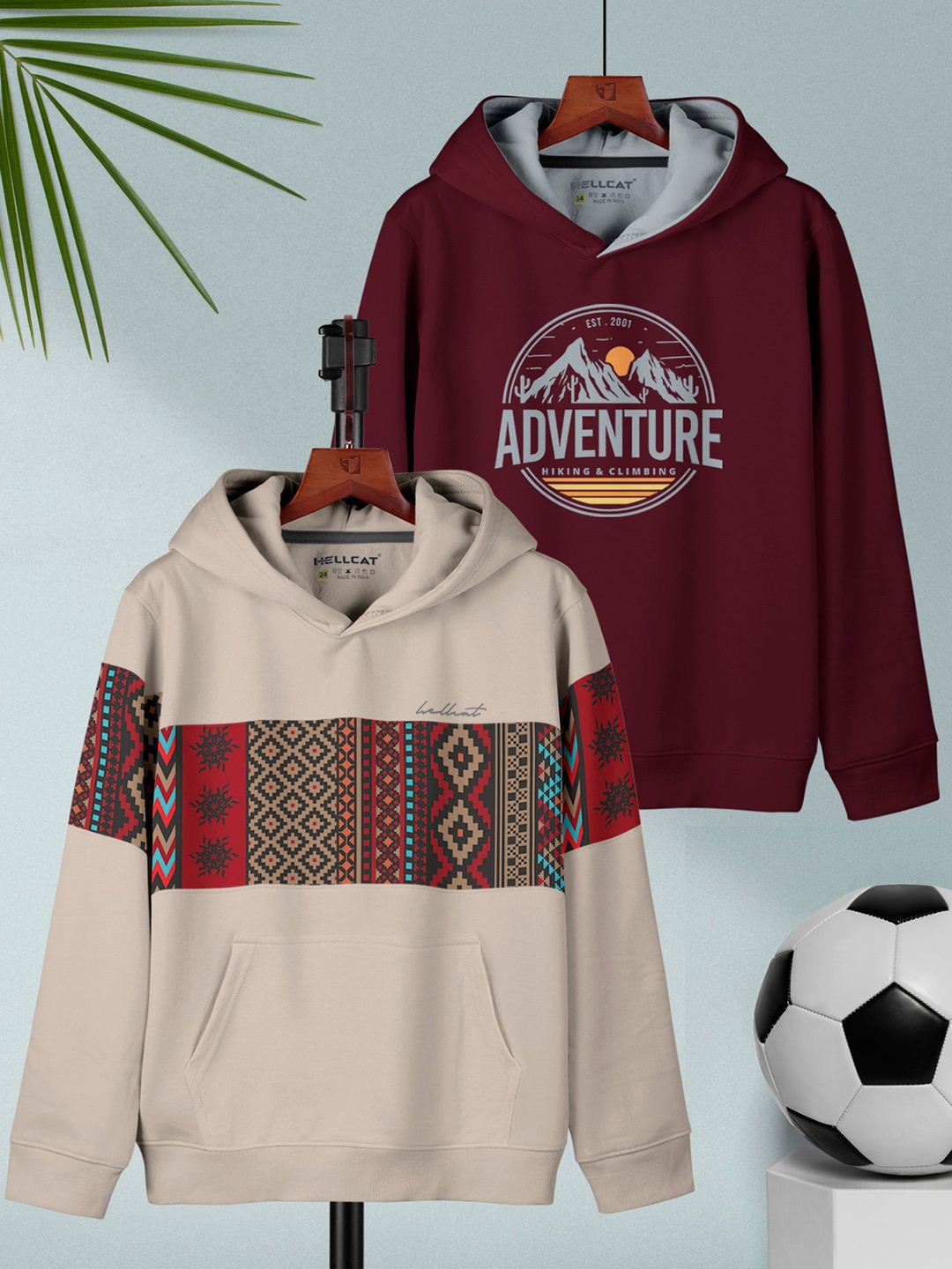 HELLCAT Boys Pack Of 2 Tribal Printed Regular Fit Hooded Casual T-shirt, Beige