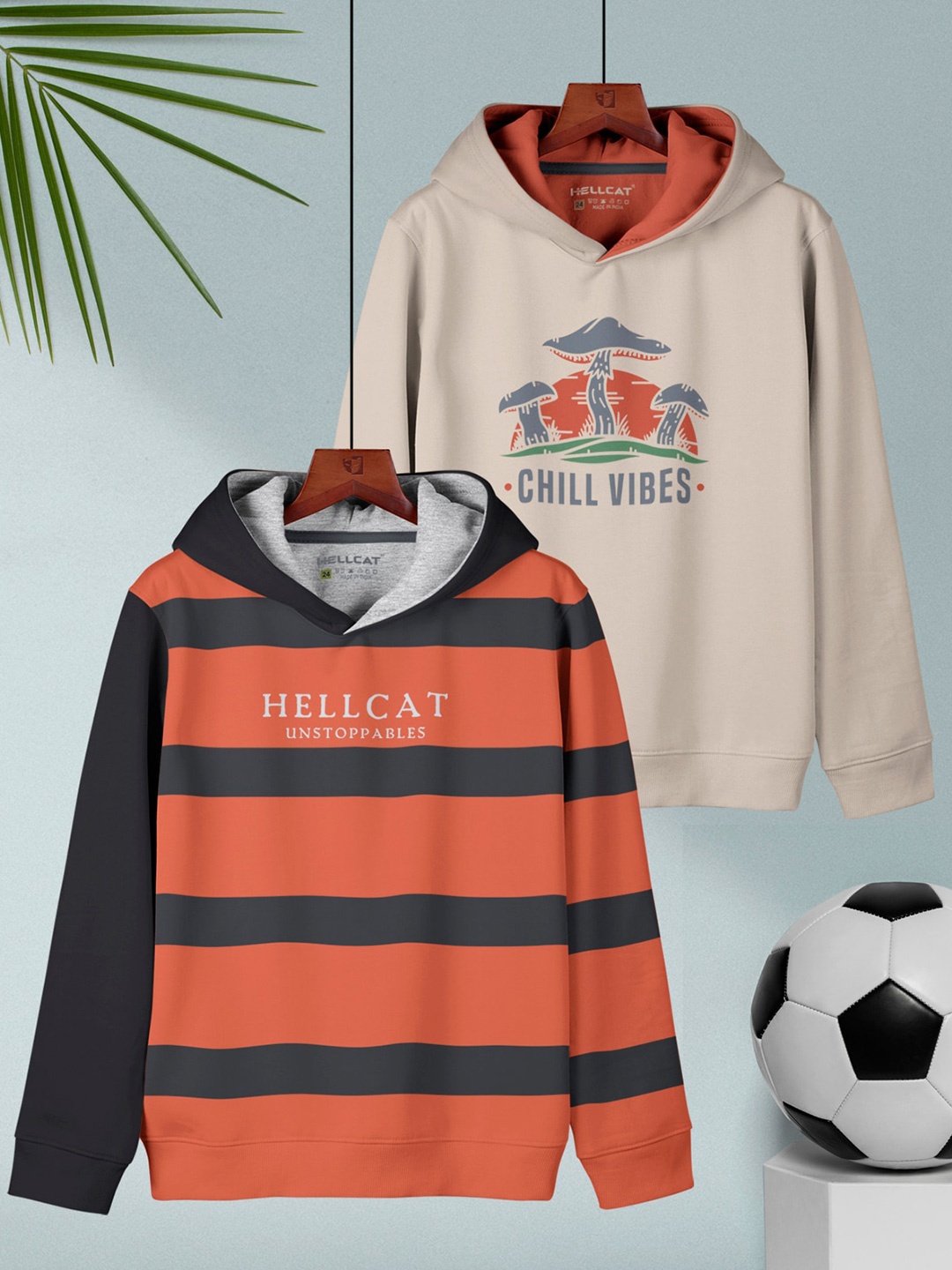 

HELLCAT Boys Pack Of 2 Striped Regular Fit Hooded Casual T-shirt, Orange