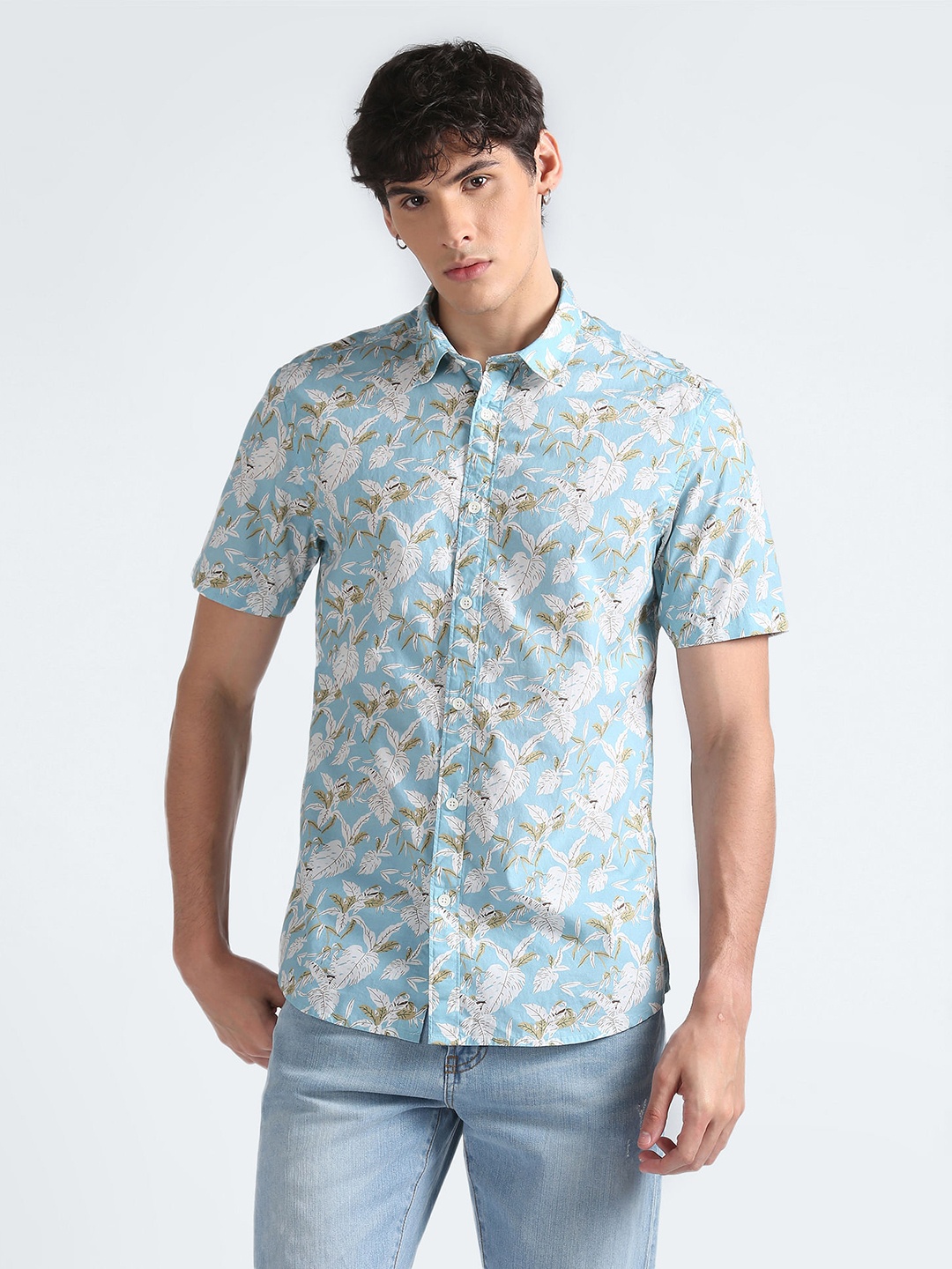 

Flying Machine Slim Fit Floral Printed Pure Cotton Casual Shirt, Blue