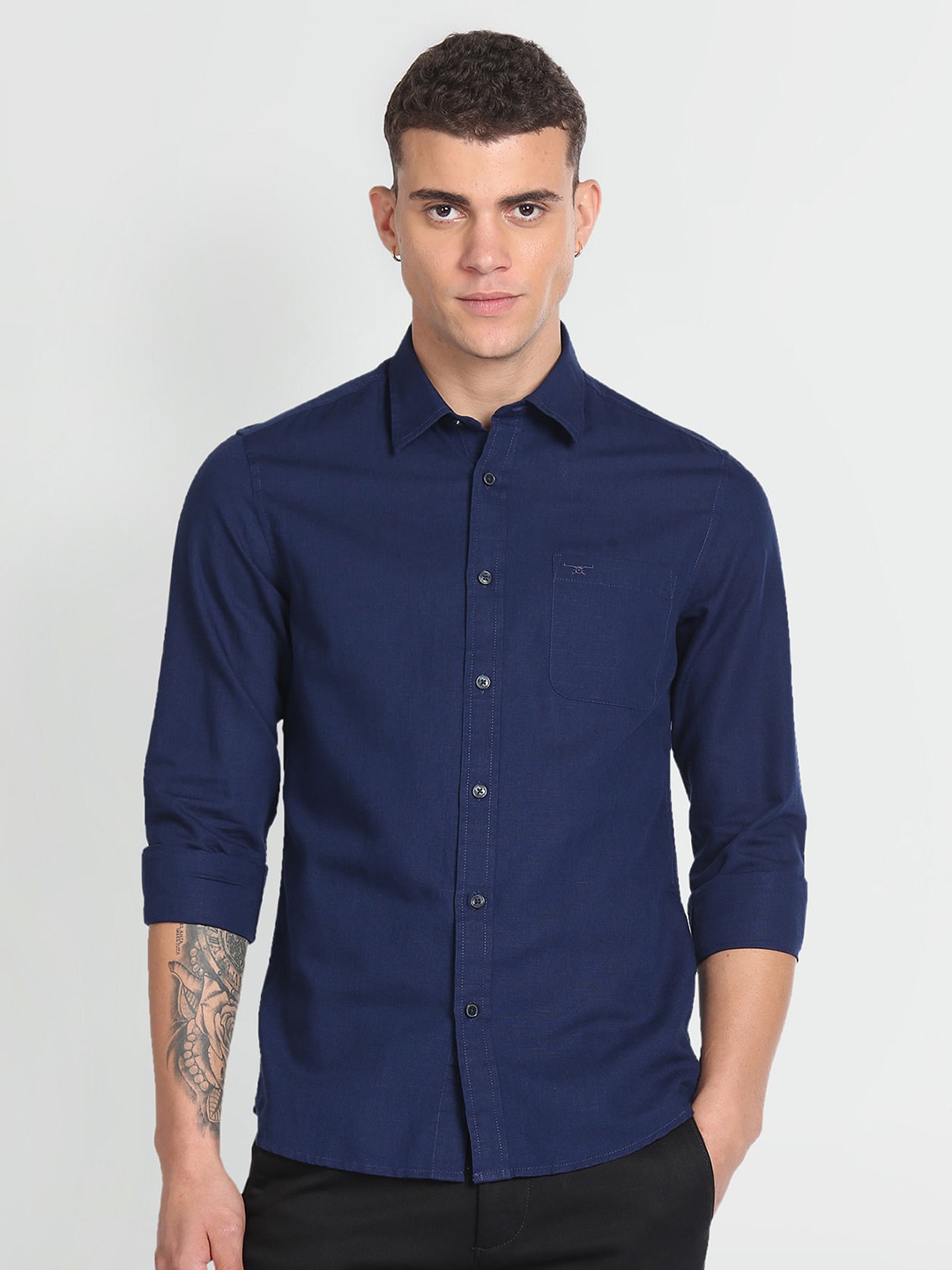 

Flying Machine Slim Fit Spread Collar Cotton Linen Casual Shirt, Blue