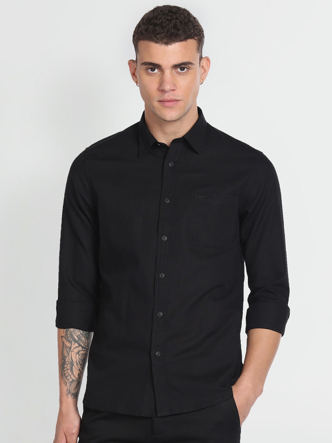 

Flying Machine Slim Fit Spread Collar Cotton Linen Casual Shirt, Black