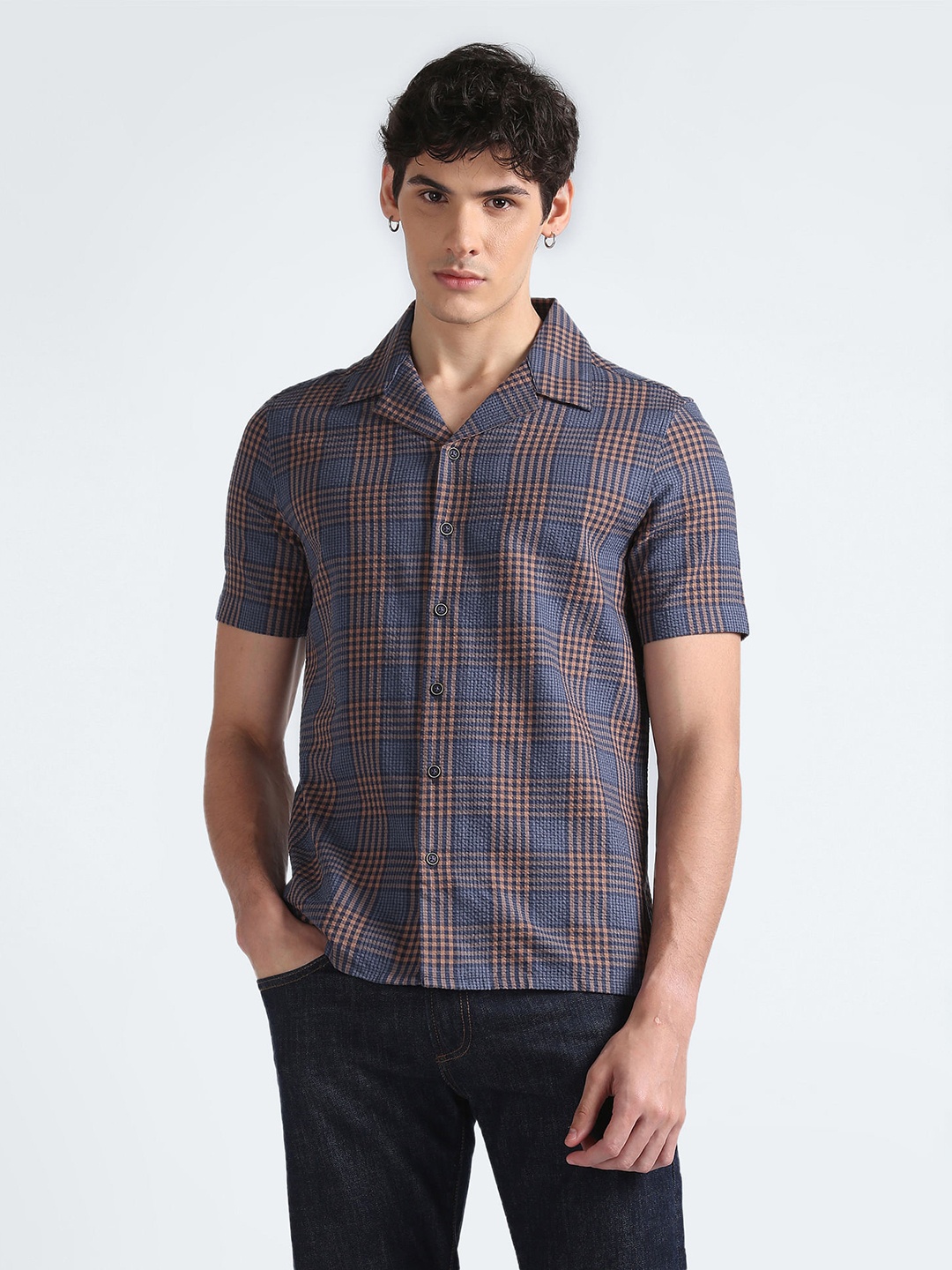 

Flying Machine Tartan Checks Cuban Collar Pure Cotton Casual Shirt, Blue