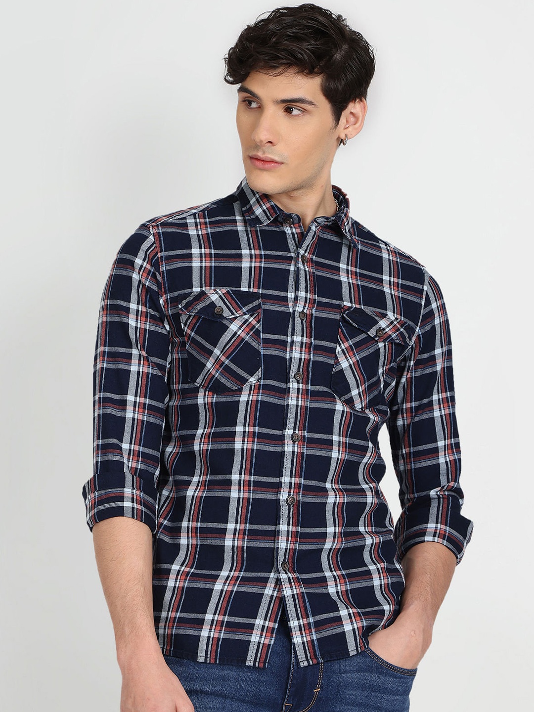 

Flying Machine Slim Fit Tartan Checks Pure Cotton Casual Shirt, Blue