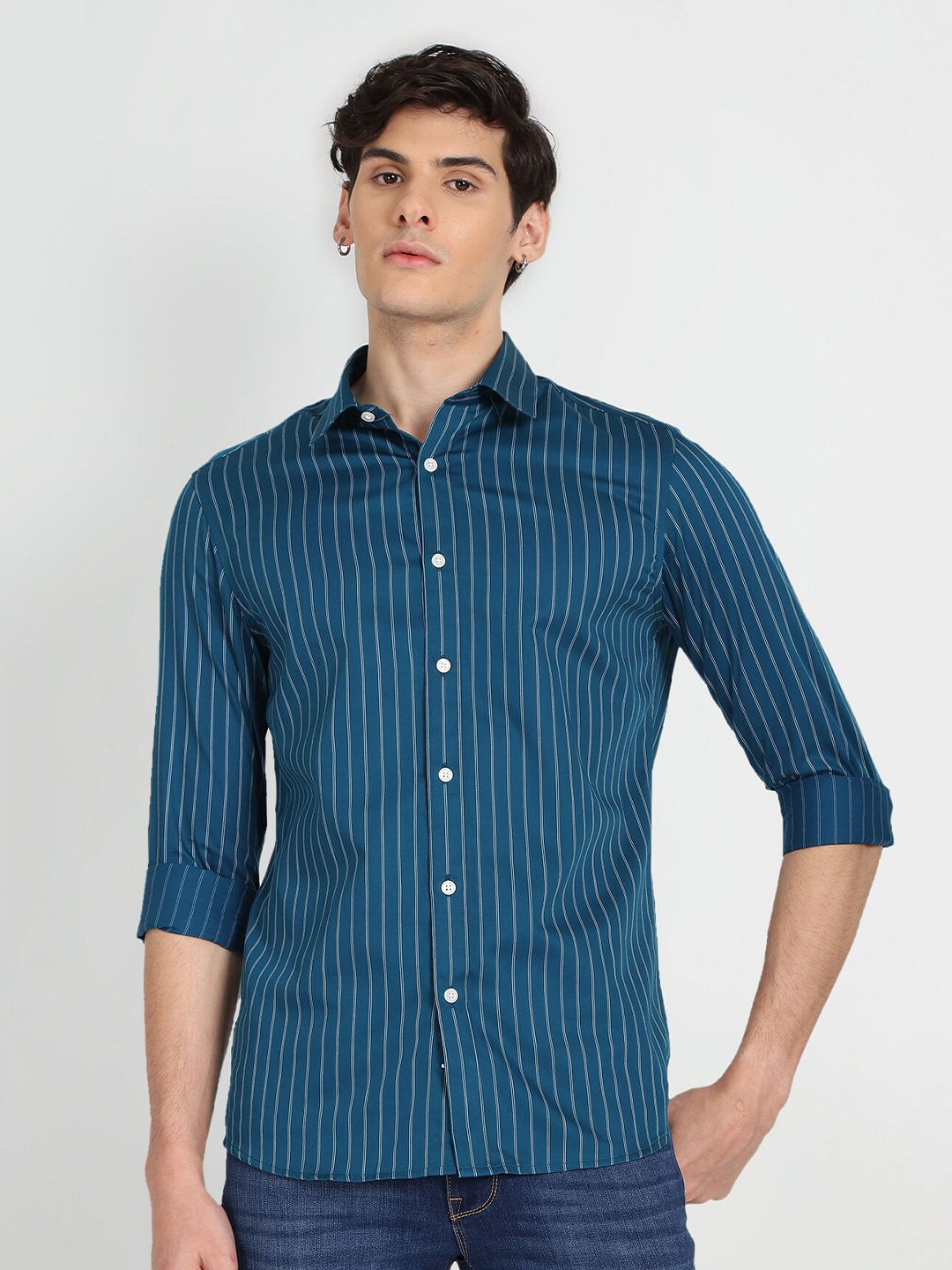 

Flying Machine Slim Fit Striped Pure Cotton Casual Shirt, Blue