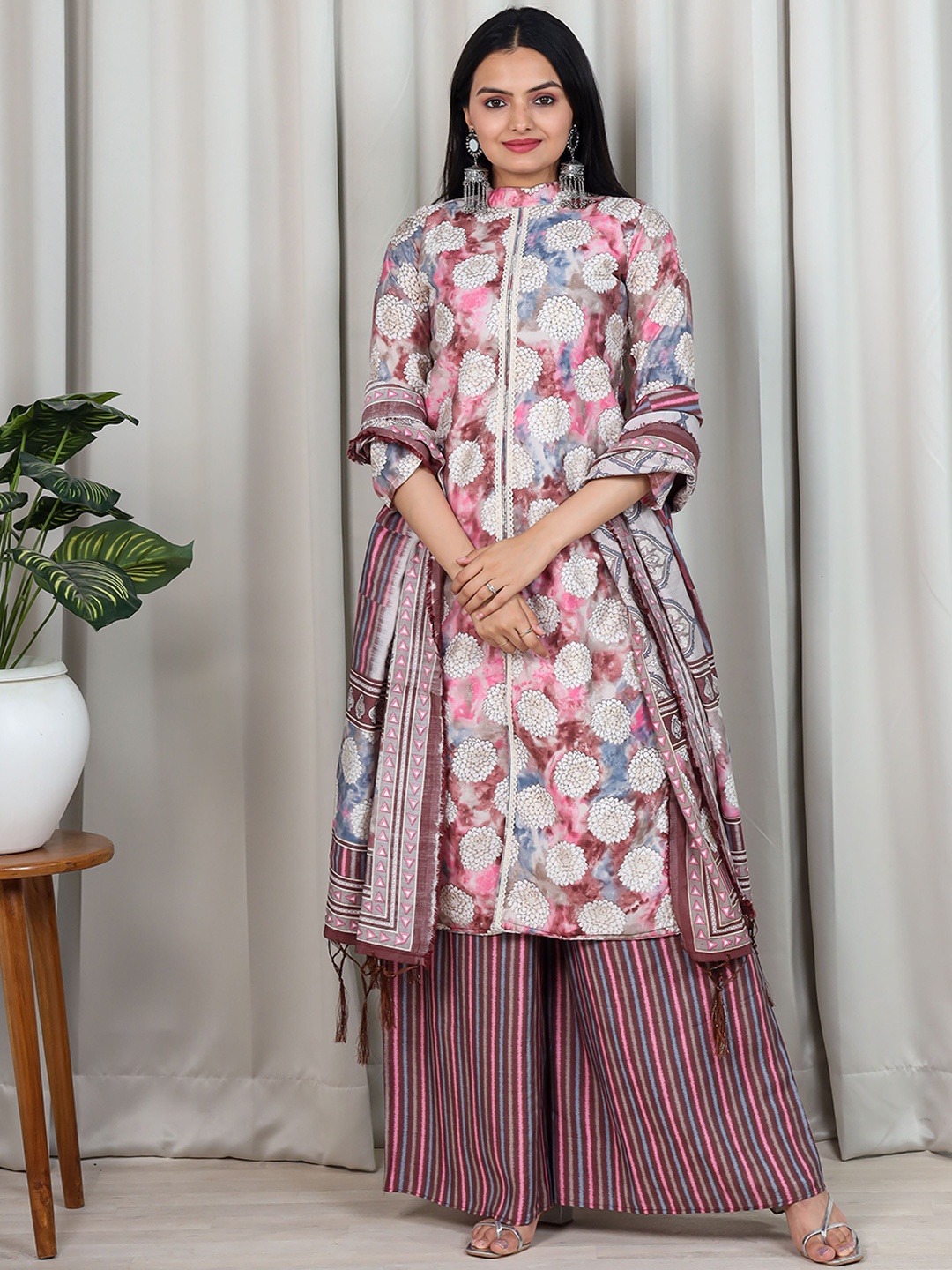 

KALINI Floral Printed Chanderi Cotton Kurta With Palazzos & Dupatta, Pink
