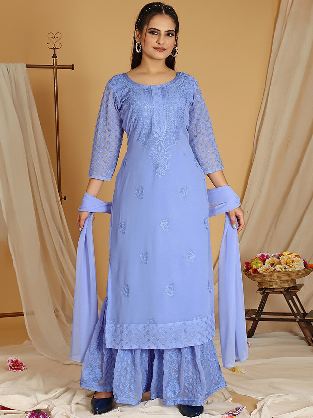 KALINI Floral Embroidered Kurta & Sharara With Dupatta, Lavender