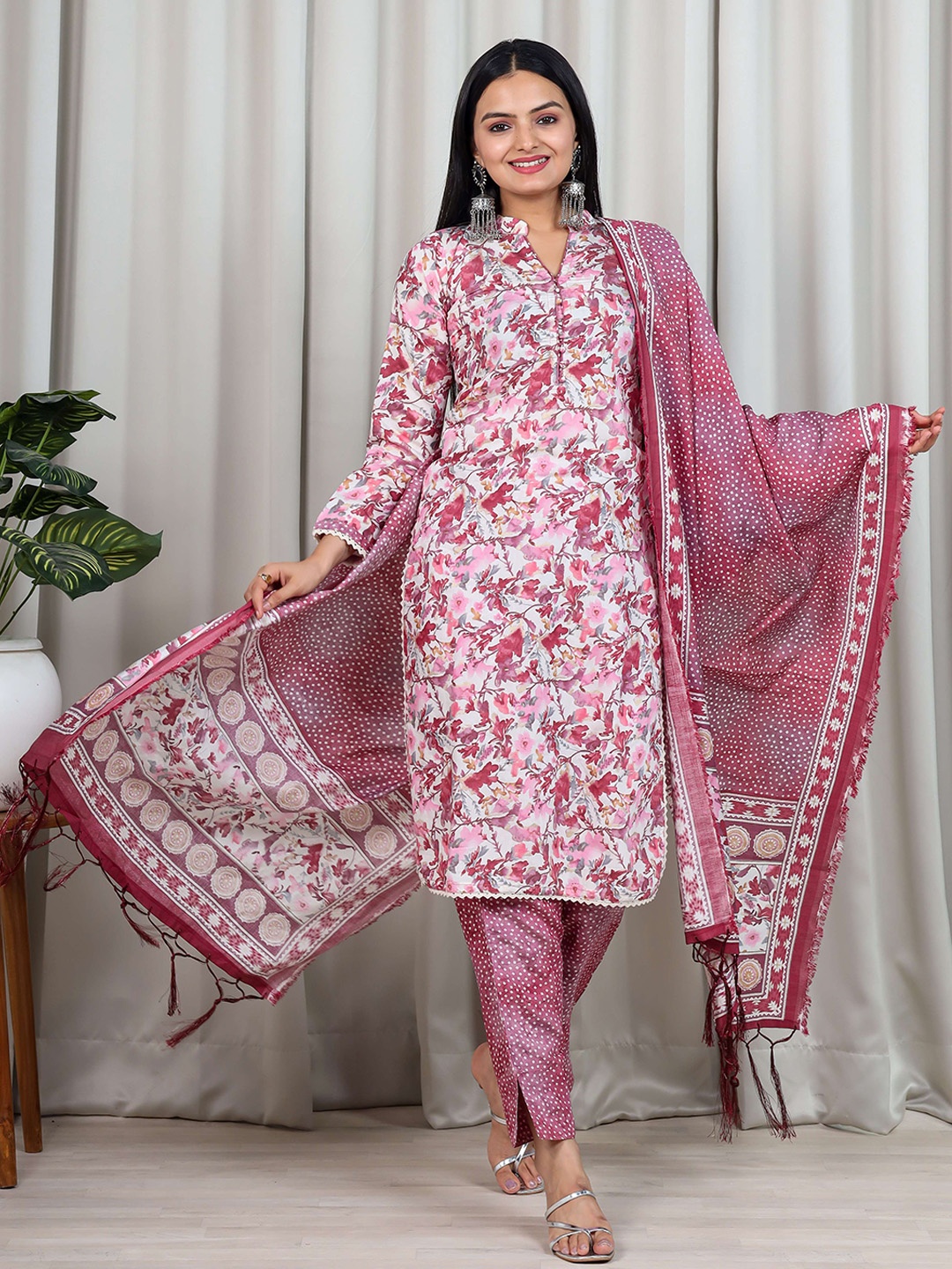 

KALINI Floral Printed Mandarin Collar Straight Kurta & Trousers With Dupatta, Pink