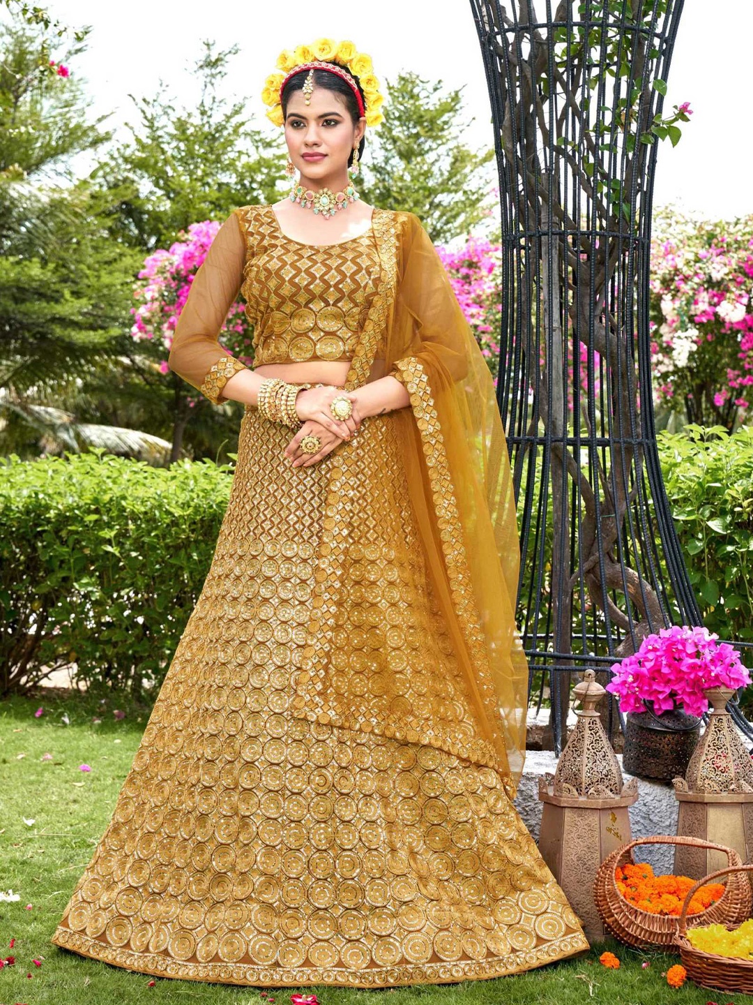 

Panzora Embroidered Sequinned Semi-Stitched Lehenga & Blouse With Dupatta, Gold