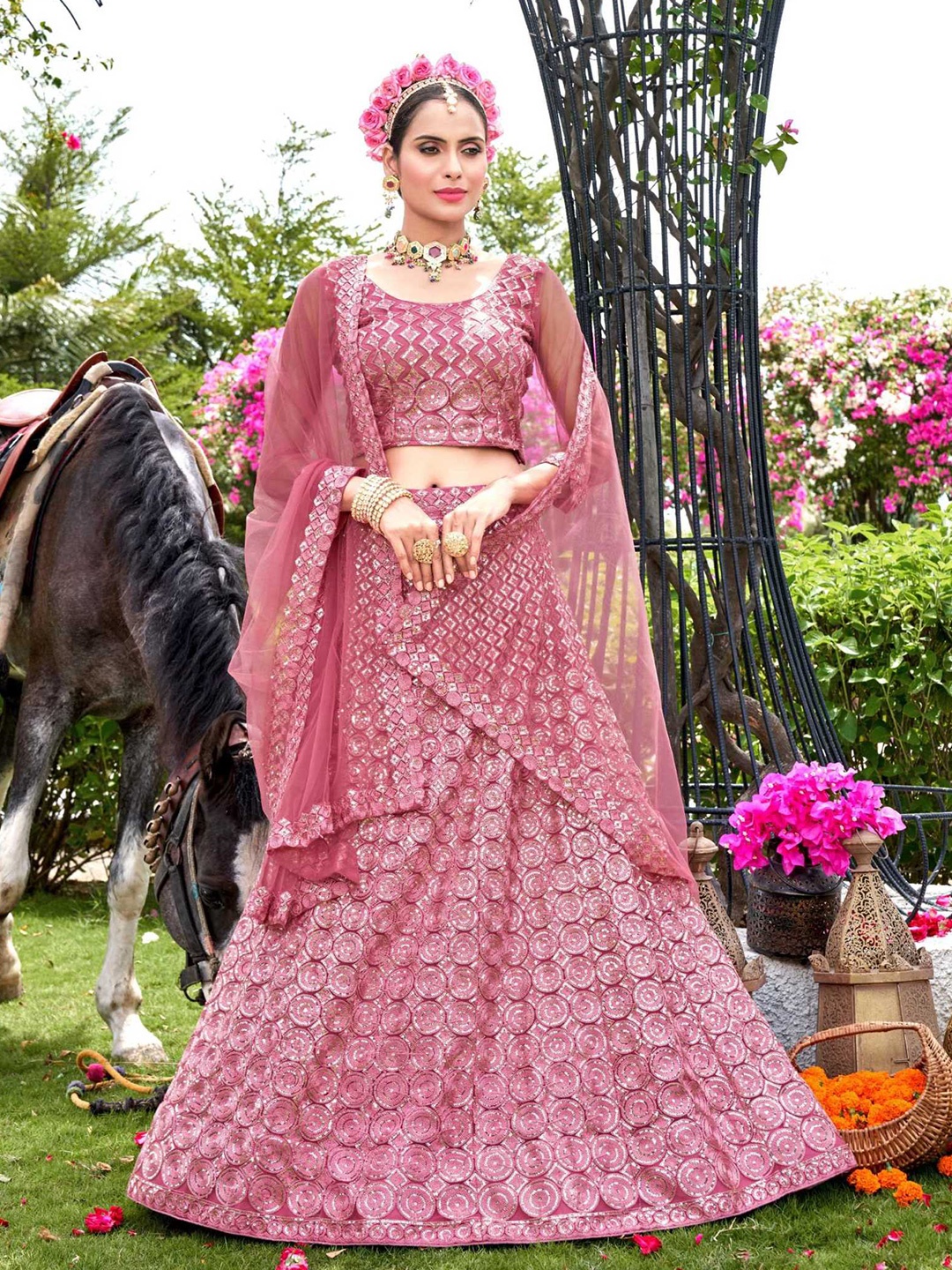 

Panzora Embroidered Sequinned Semi-Stitched Lehenga & Blouse With Dupatta, Pink