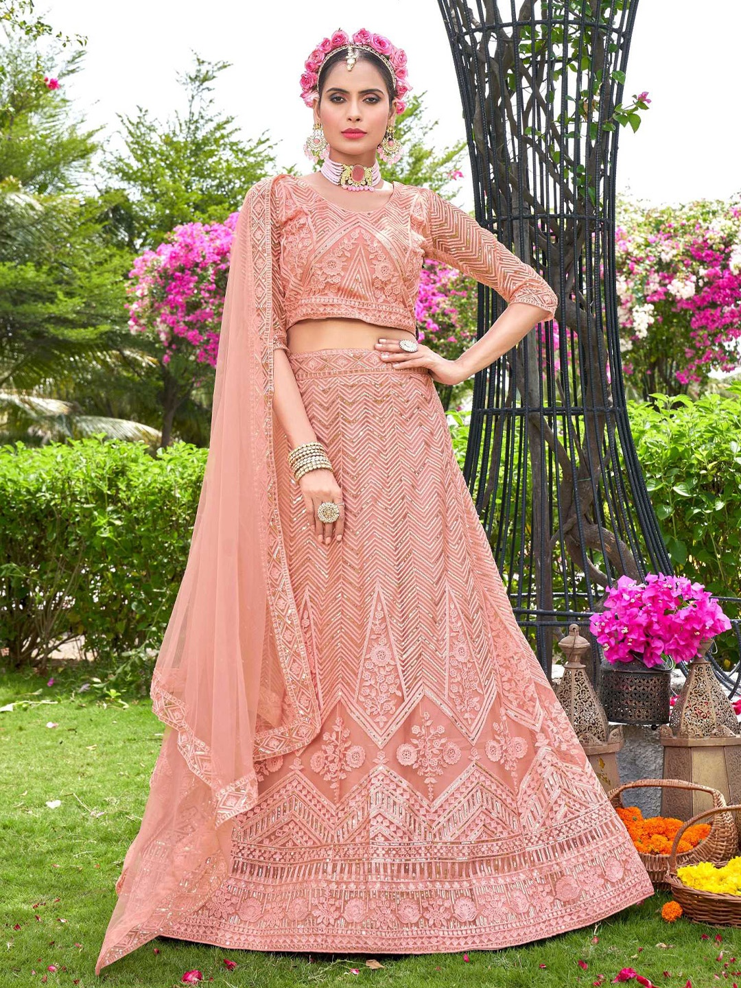 

Panzora Embroidered Sequinned Semi-Stitched Lehenga & Blouse With Dupatta, Peach