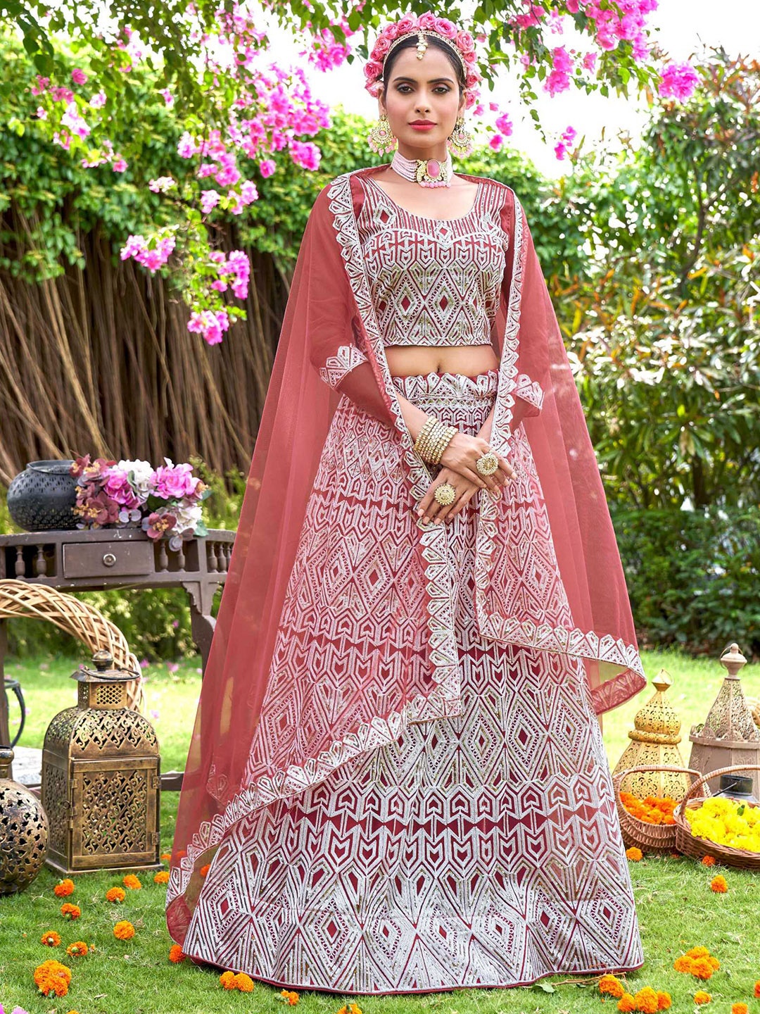 

Panzora Embroidered Sequinned Semi-Stitched Lehenga & Blouse With Dupatta, Peach