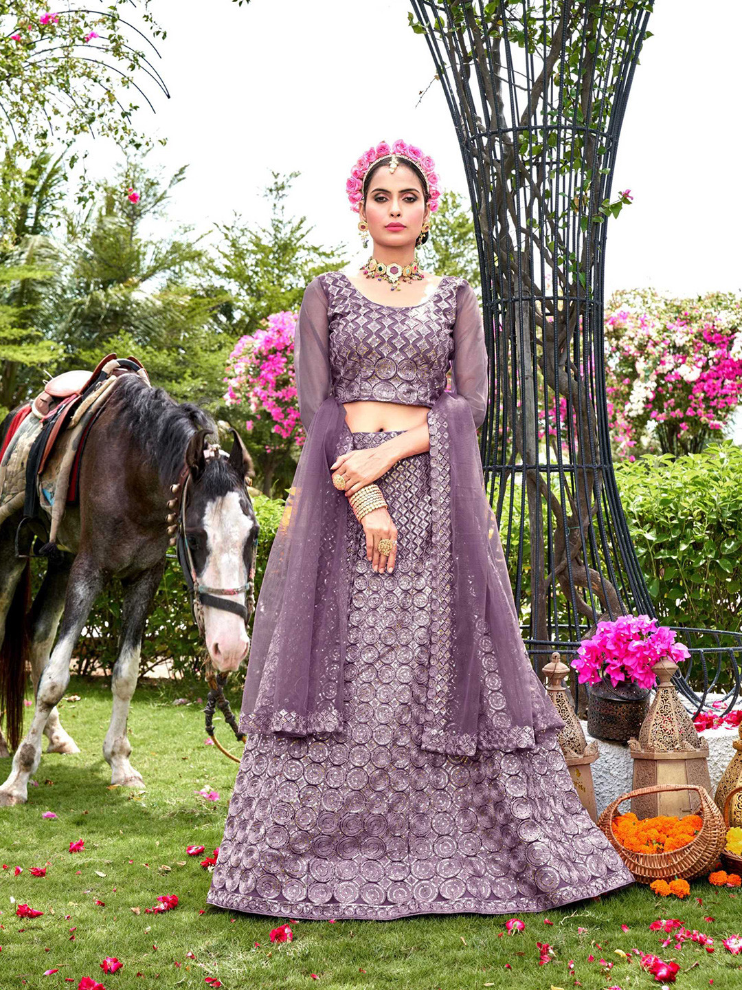

Panzora Embroidered Sequinned Semi-Stitched Lehenga & Blouse With Dupatta, Lavender