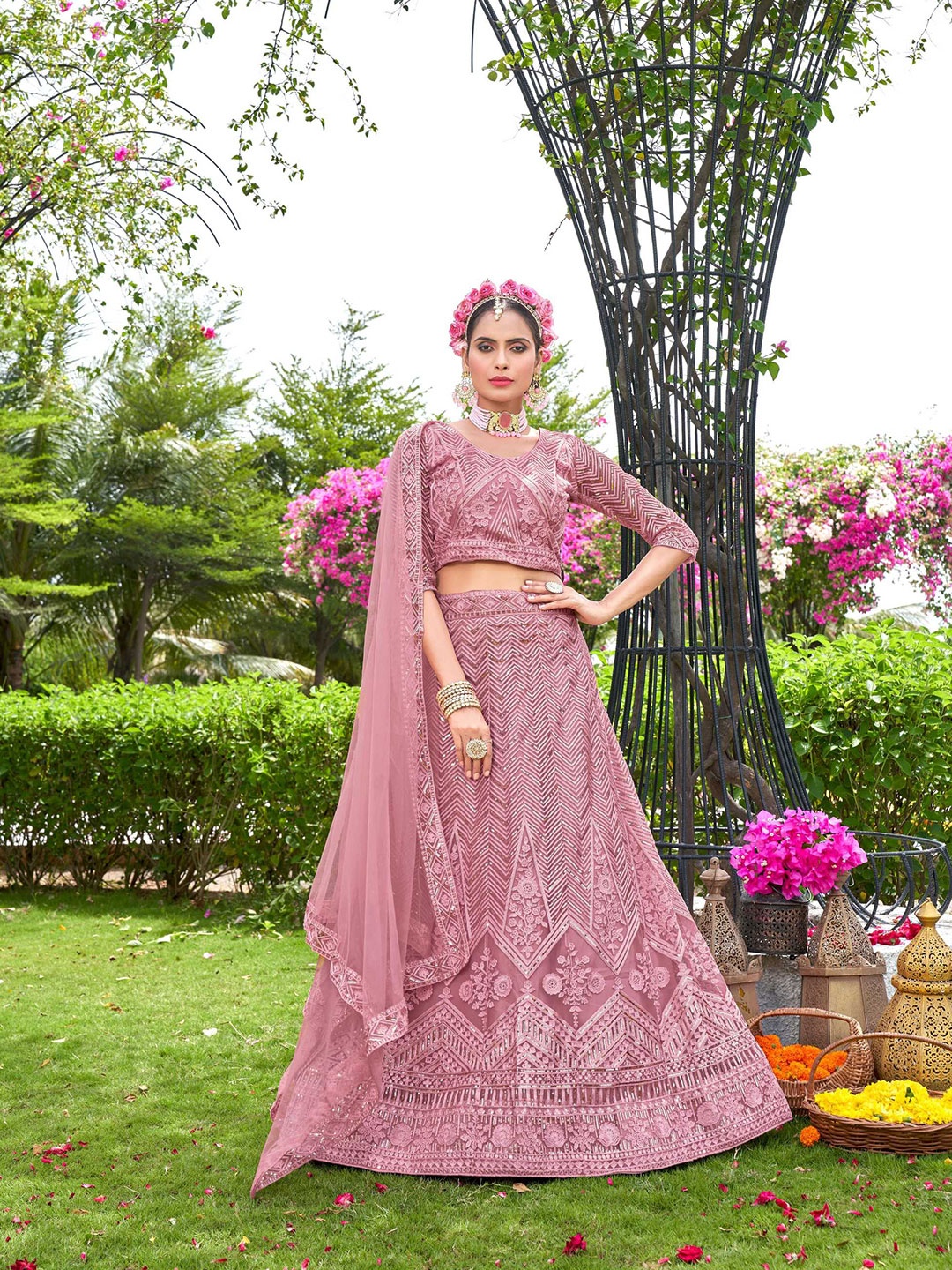 

Panzora Embroidered Sequinned Semi-Stitched Lehenga & Blouse With Dupatta, Pink
