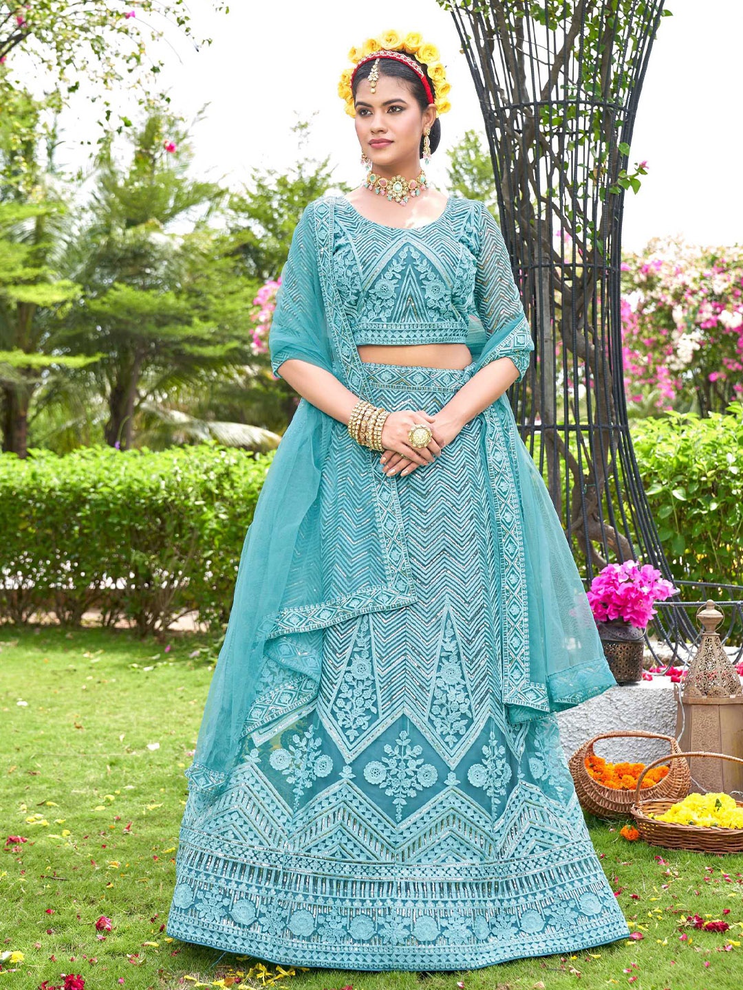 

Panzora Embroidered Sequinned Semi-Stitched Lehenga & Blouse With Dupatta, Blue