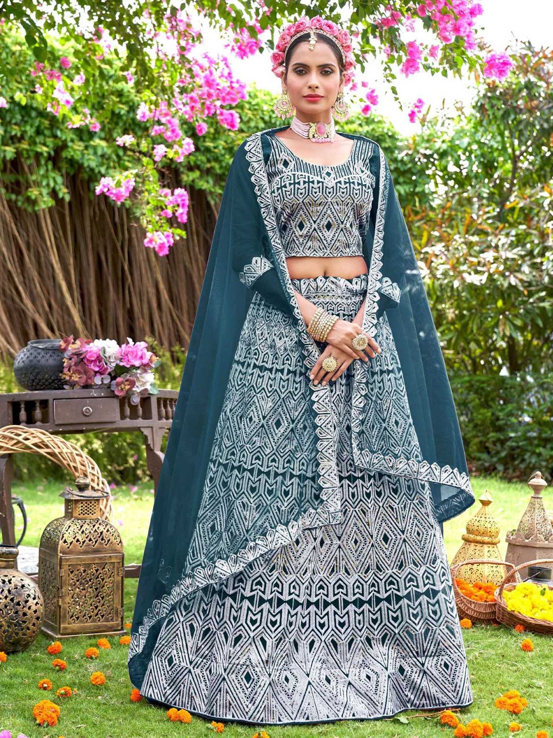 

Panzora Embroidered Sequinned Semi-Stitched Lehenga & Blouse With Dupatta, Teal