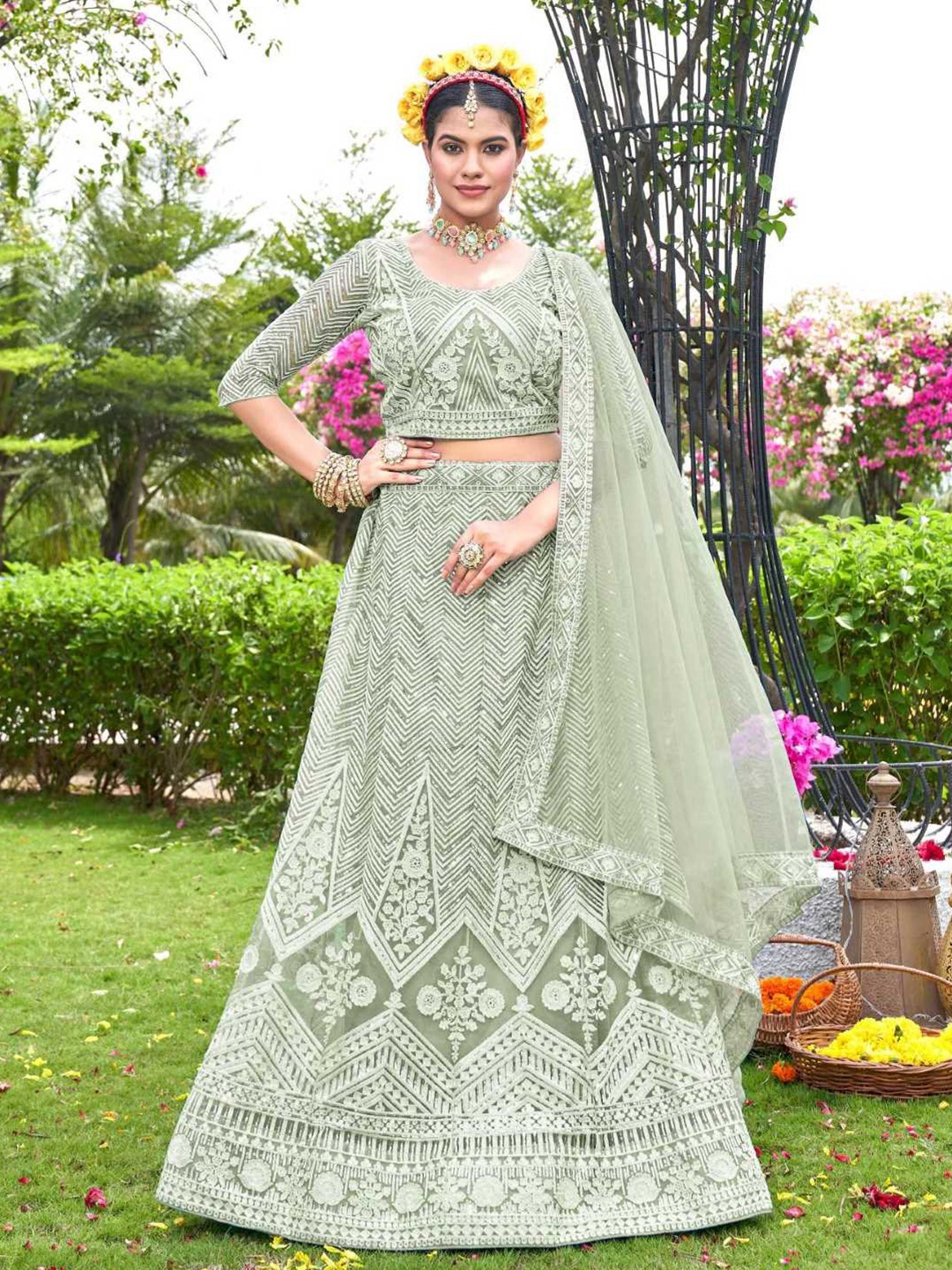 

Panzora Embroidered Sequinned Semi-Stitched Lehenga & Blouse With Dupatta, Green