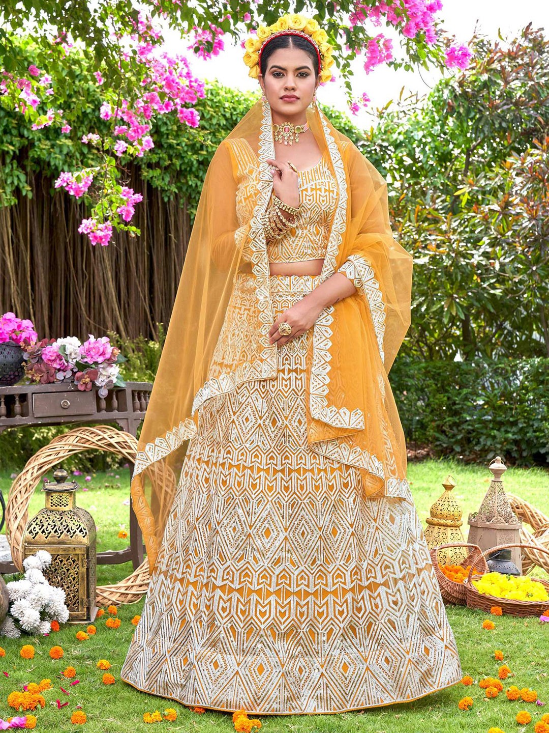 

Panzora Embroidered Sequinned Semi-Stitched Lehenga & Blouse With Dupatta, Yellow