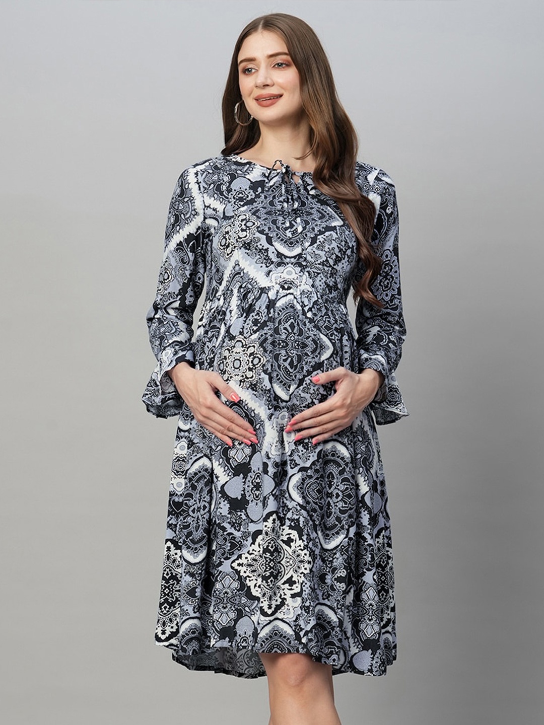 

MomToBe Ethnic Motifs Printed Maternity Fit & Flare Dress, Blue