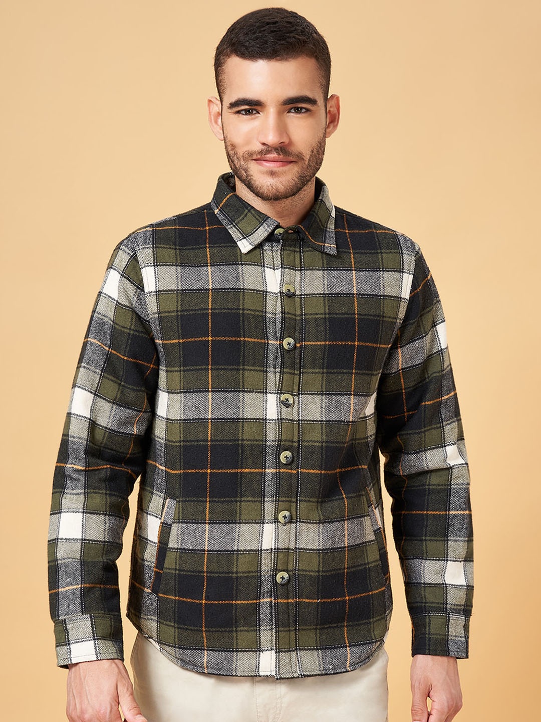 

Urban Ranger by pantaloons Checked Spread Collar Casual Shacket Shirt, Green