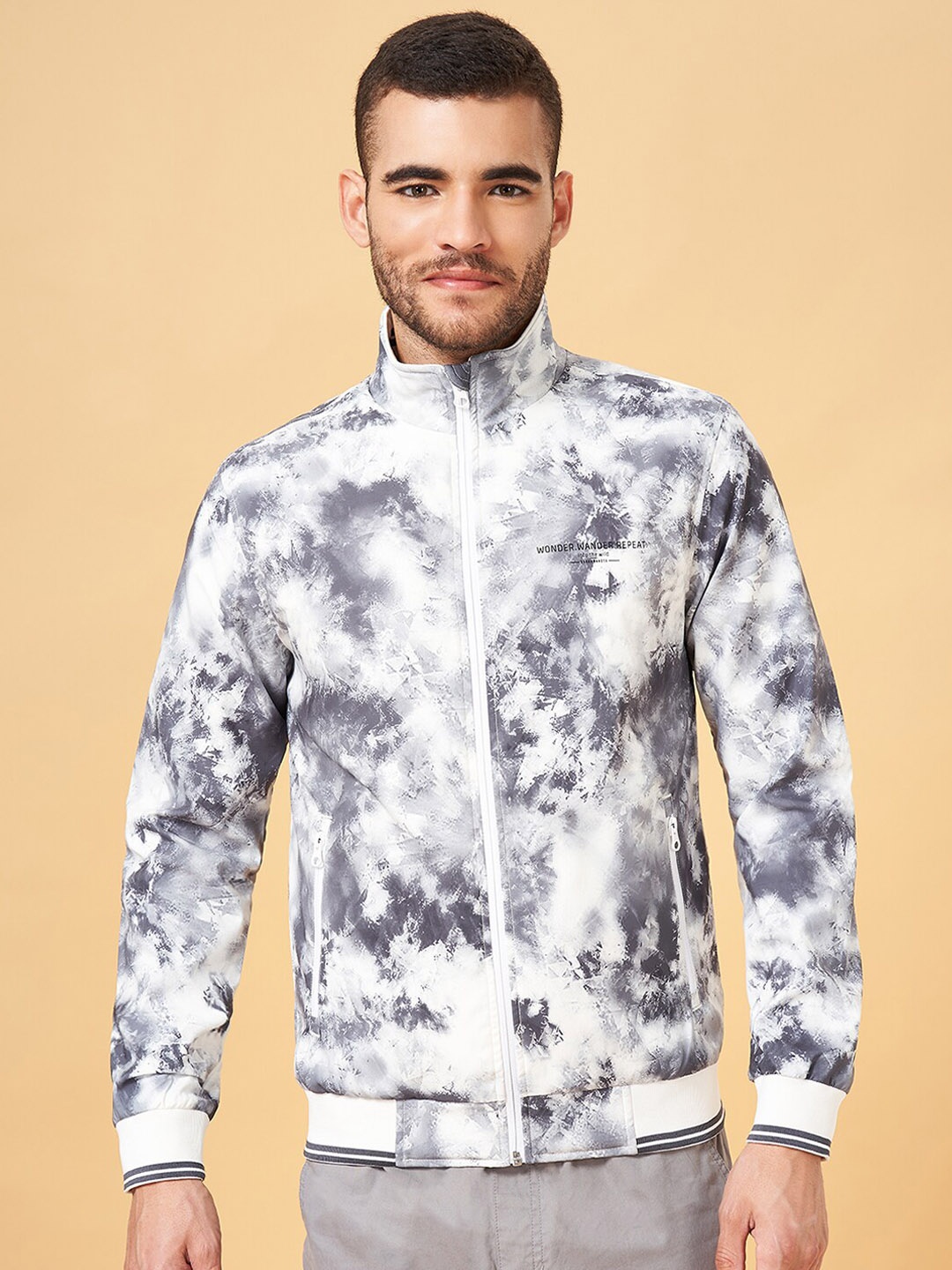 Urban Ranger by pantaloons Printed Mock Collar Sporty Jacket, Grey