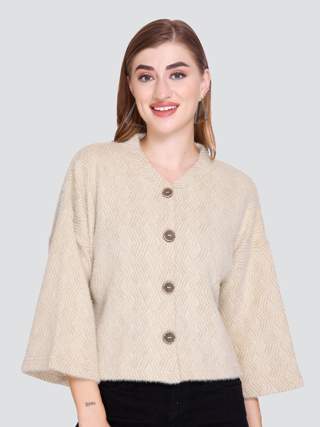 

Elthia Self Design Round Neck Flared Sleeves Woollen Top, Cream