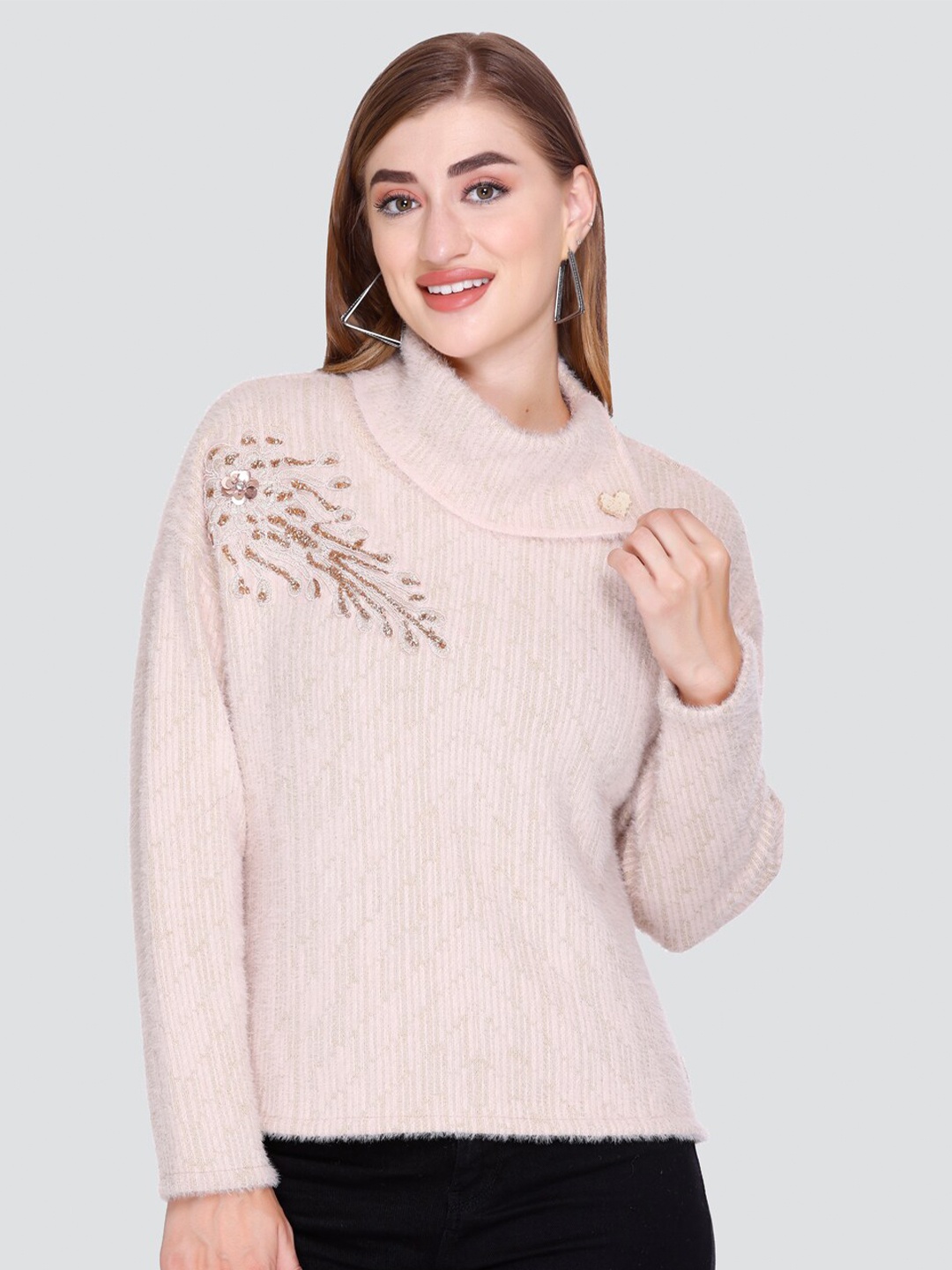 

Elthia High Neck Woollen Velvet Top, Pink