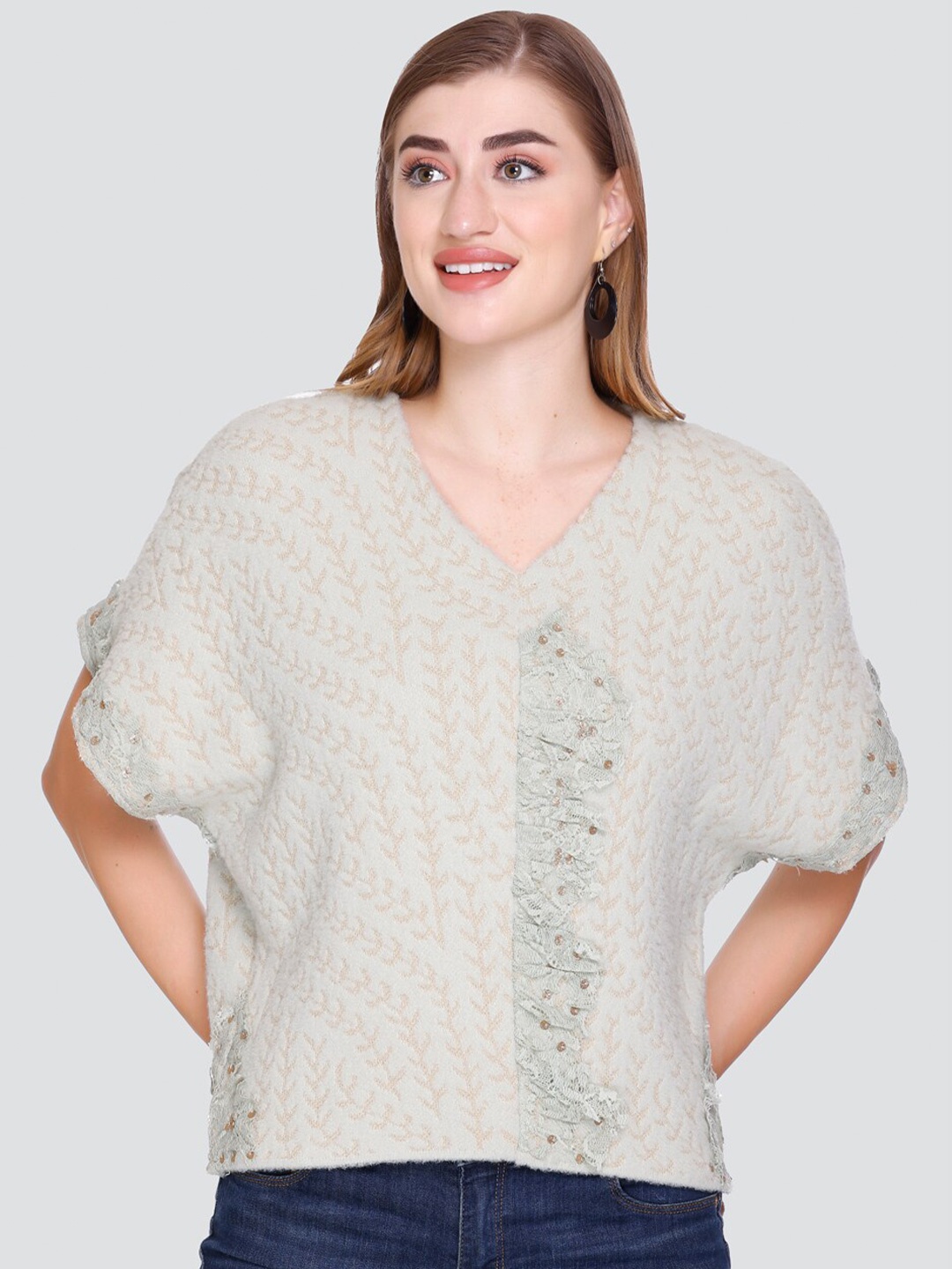 

Elthia Self Design Extended Sleeves Woollen Top, Off white