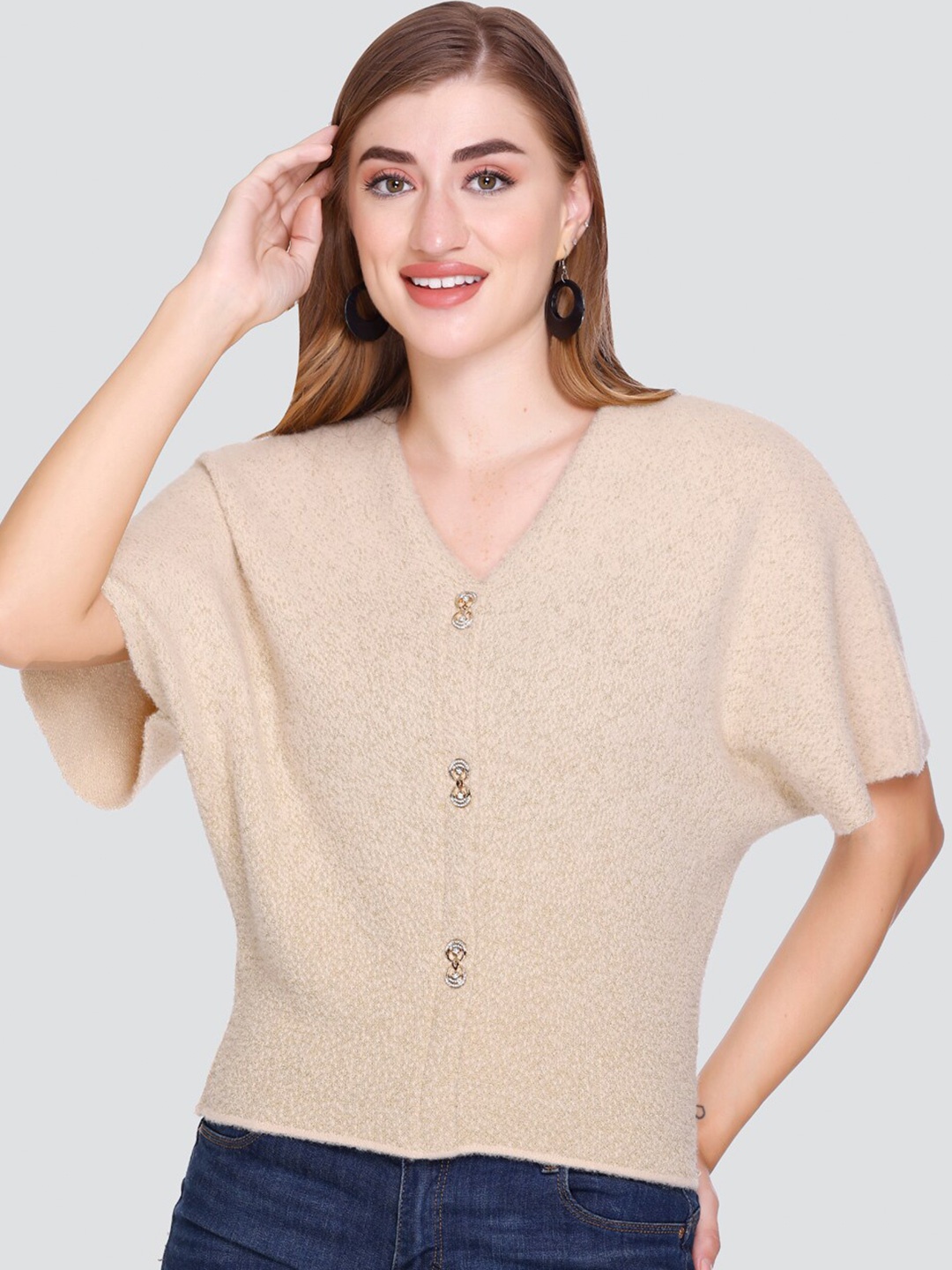 

Elthia Self Design Extended Sleeves Woollen Top, Beige