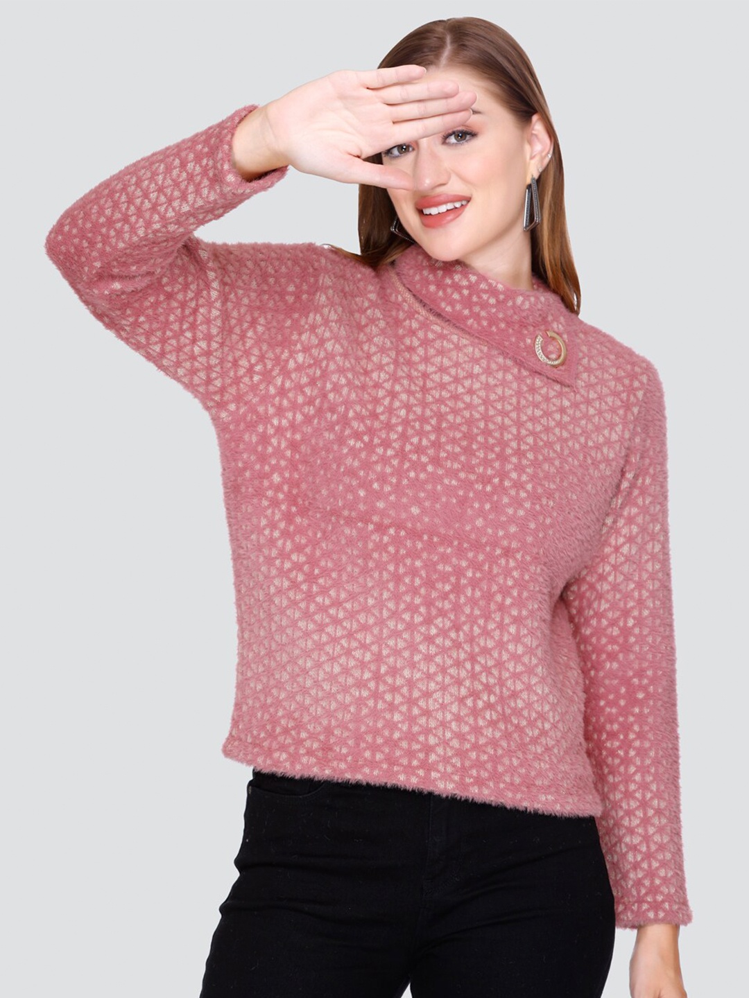 

Elthia Self Design High Neck Woollen Top, Purple
