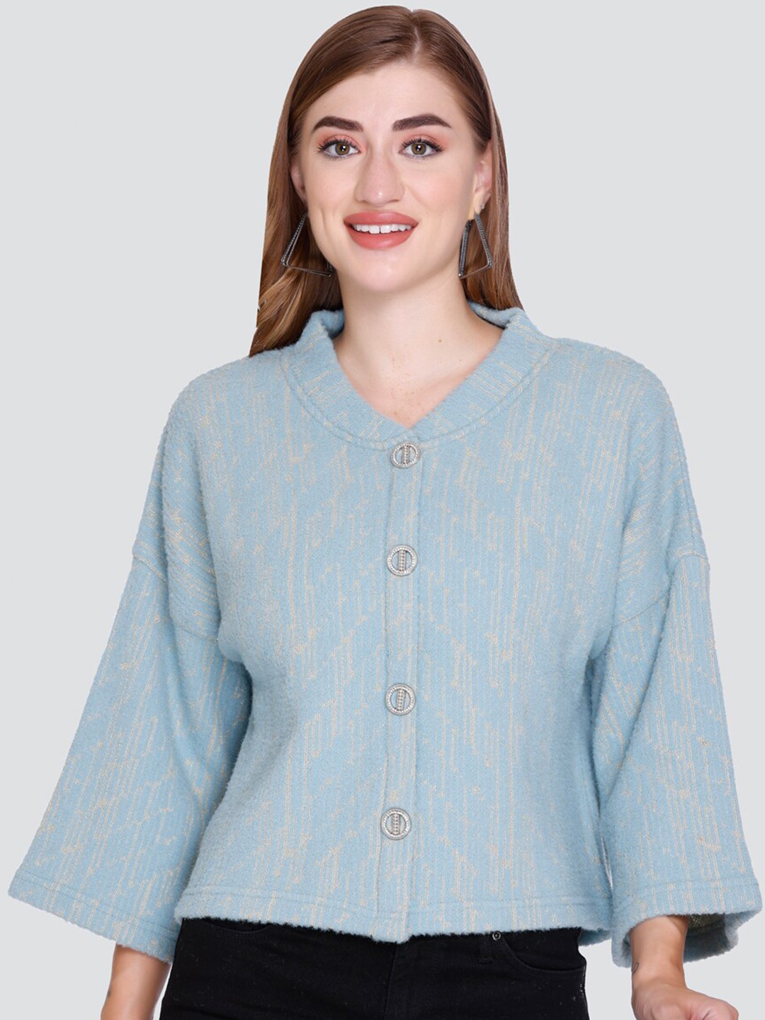 

Elthia Self Design Mock Collar Drop Shoulder Sleeve Wool Top, Blue