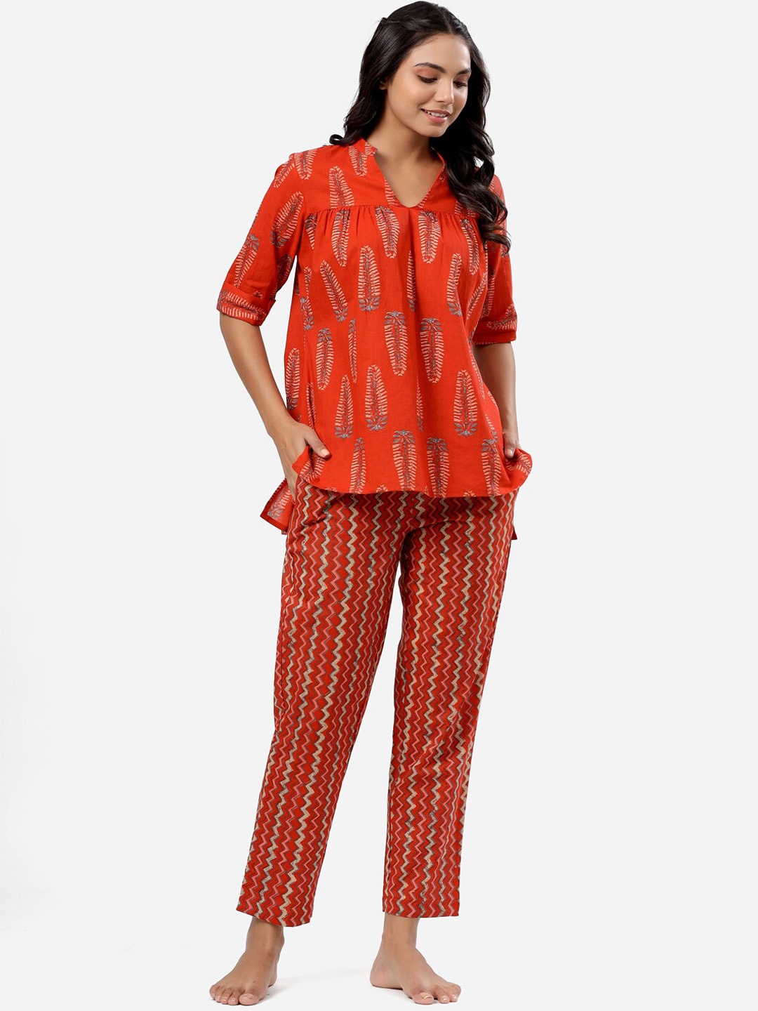 

mirari Floral Printed Top with Trousers, Orange