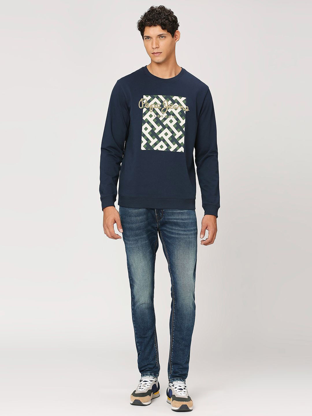 

Pepe Jeans Typography Printed Long Sleeves Pure Cotton Pullover, Navy blue
