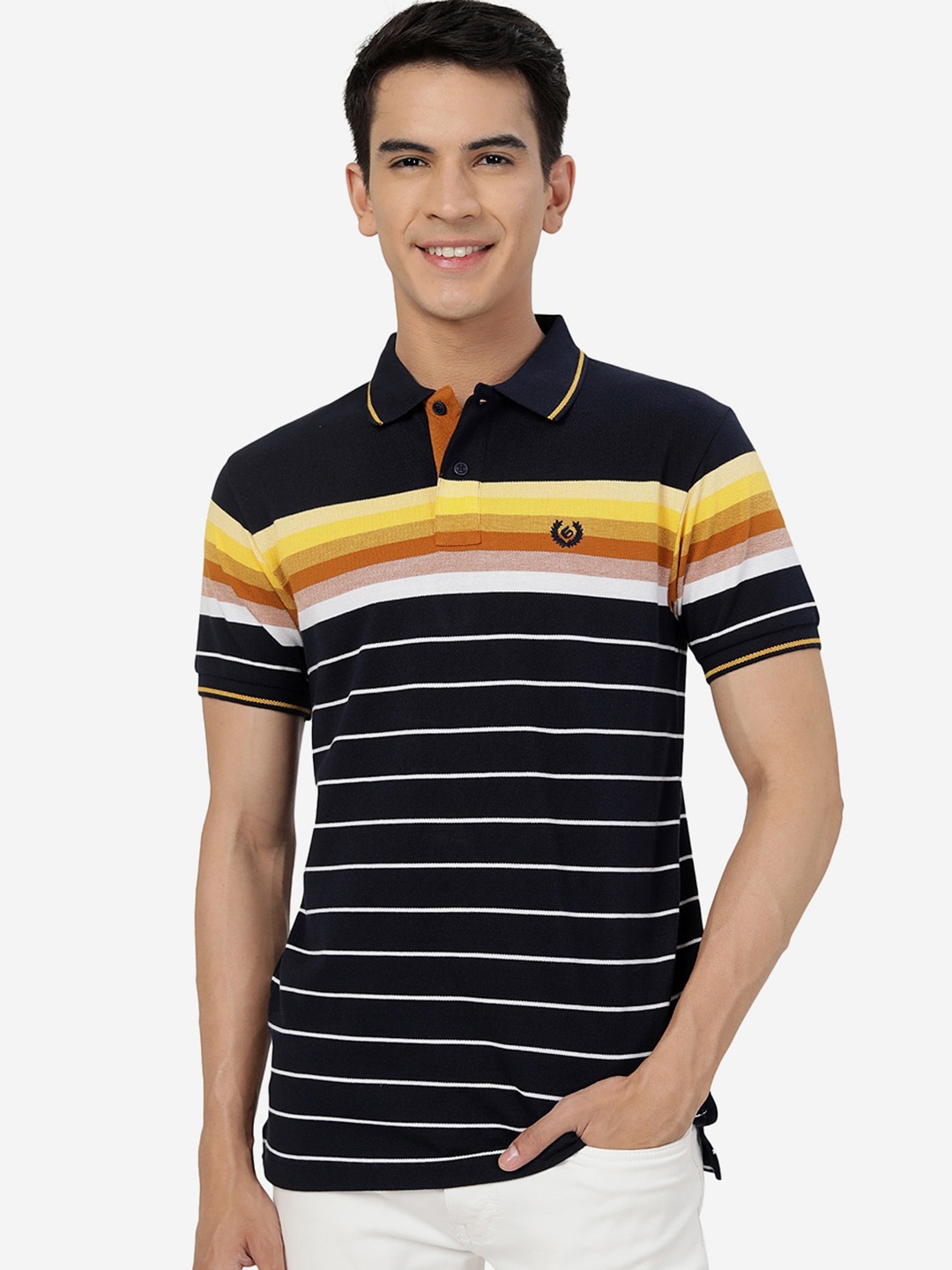 

Greenfibre Striped Polo Collar Cotton Slim Fit T-shirt, Navy blue