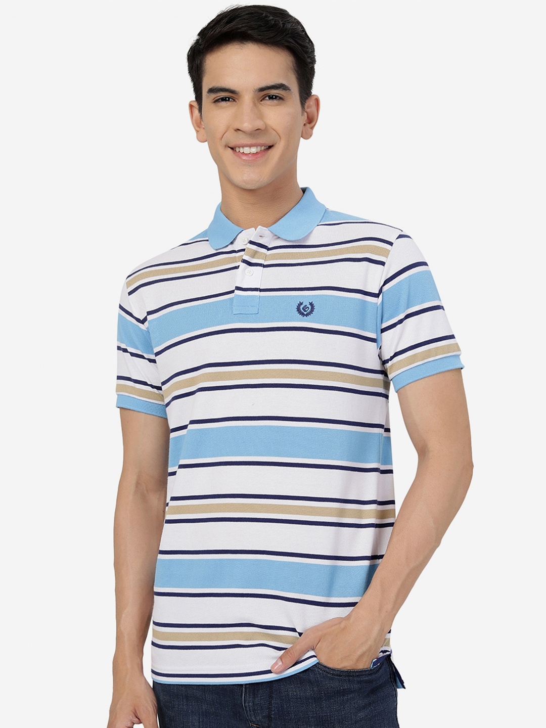 

Greenfibre Striped Polo Collar Cotton Slim Fit T-shirt, Blue